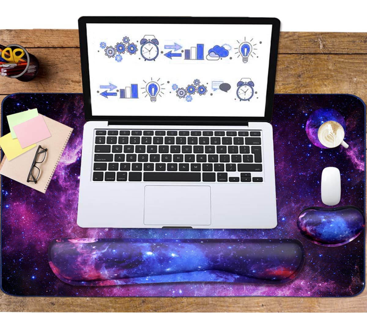 Ergonomic Keyboard and Mouse Pad Set with Memory Foam Wrist Rest - 35.4×15.7 Inch Extended Gaming Desk Mat for Home Office, Study & PC Gaming - 3-Piece Galactic Design Workspace Accessories (Perfect for Long Computer Sessions, Typing Comfort & Gaming Setups)
