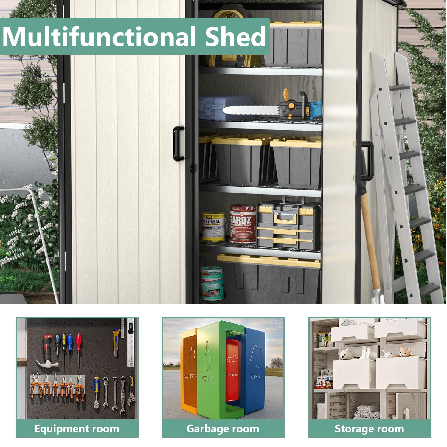 Aoxun 5x3FT Outdoor Storage Shed - Durable Resin Garden Shed with Floor & Lockable Door - Waterproof Plastic Storage for Bikes, Tools, Lawn Equipment, Trash Cans & Garden Accessories (Beige) - Perfect for Backyard, Patio & Garage Organization