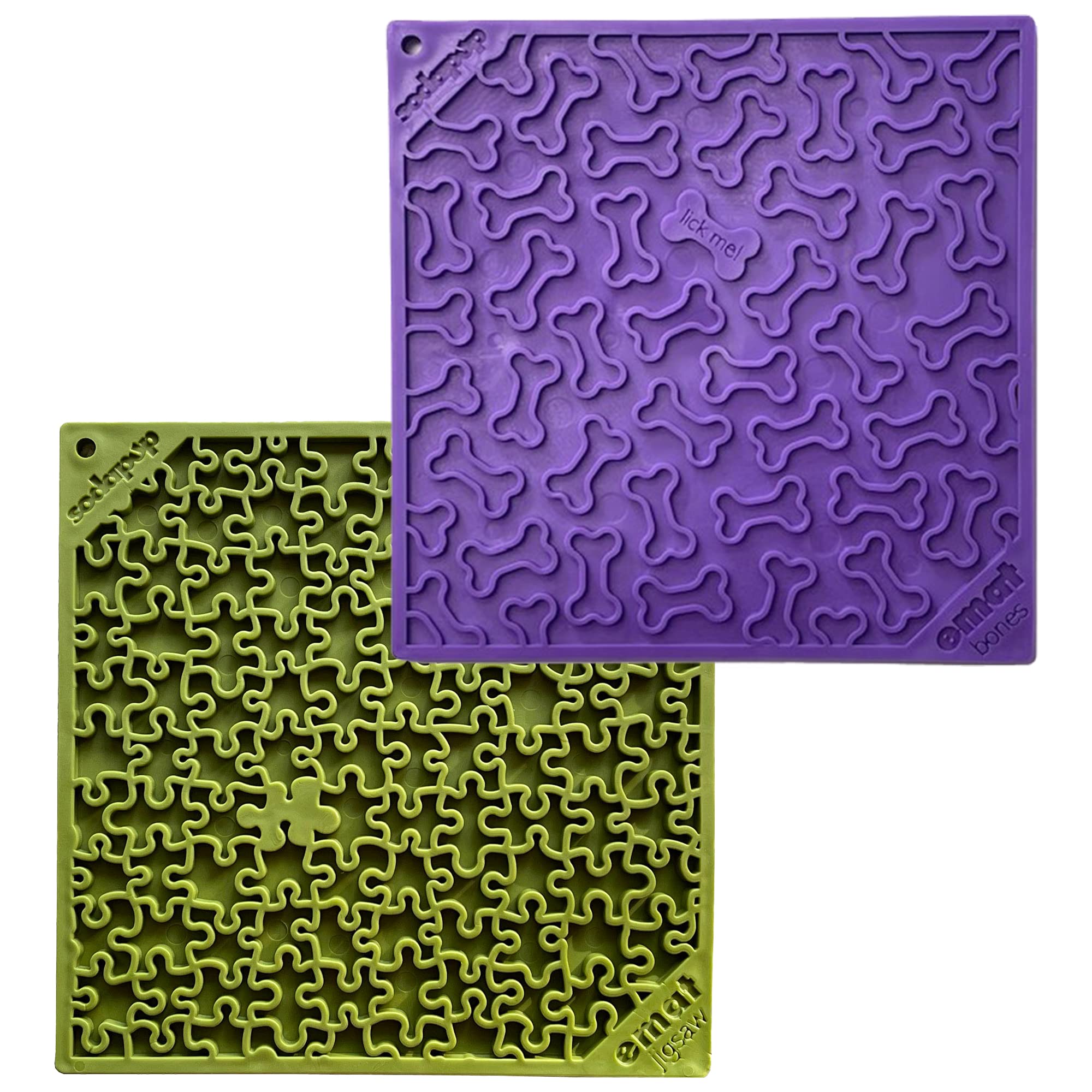 SodaPup Purple Bones & Green Jigsaw Puzzle Lick Mat Bundle – Non-Toxic Pet Feeding Mat for Dogs, Slow Feeder to Prevent Overeating & Aid Digestion | Made in USA with Food-Safe Rubber | Perfect for Anxious Pets, Mealtime Enrichment & Puzzle Toys