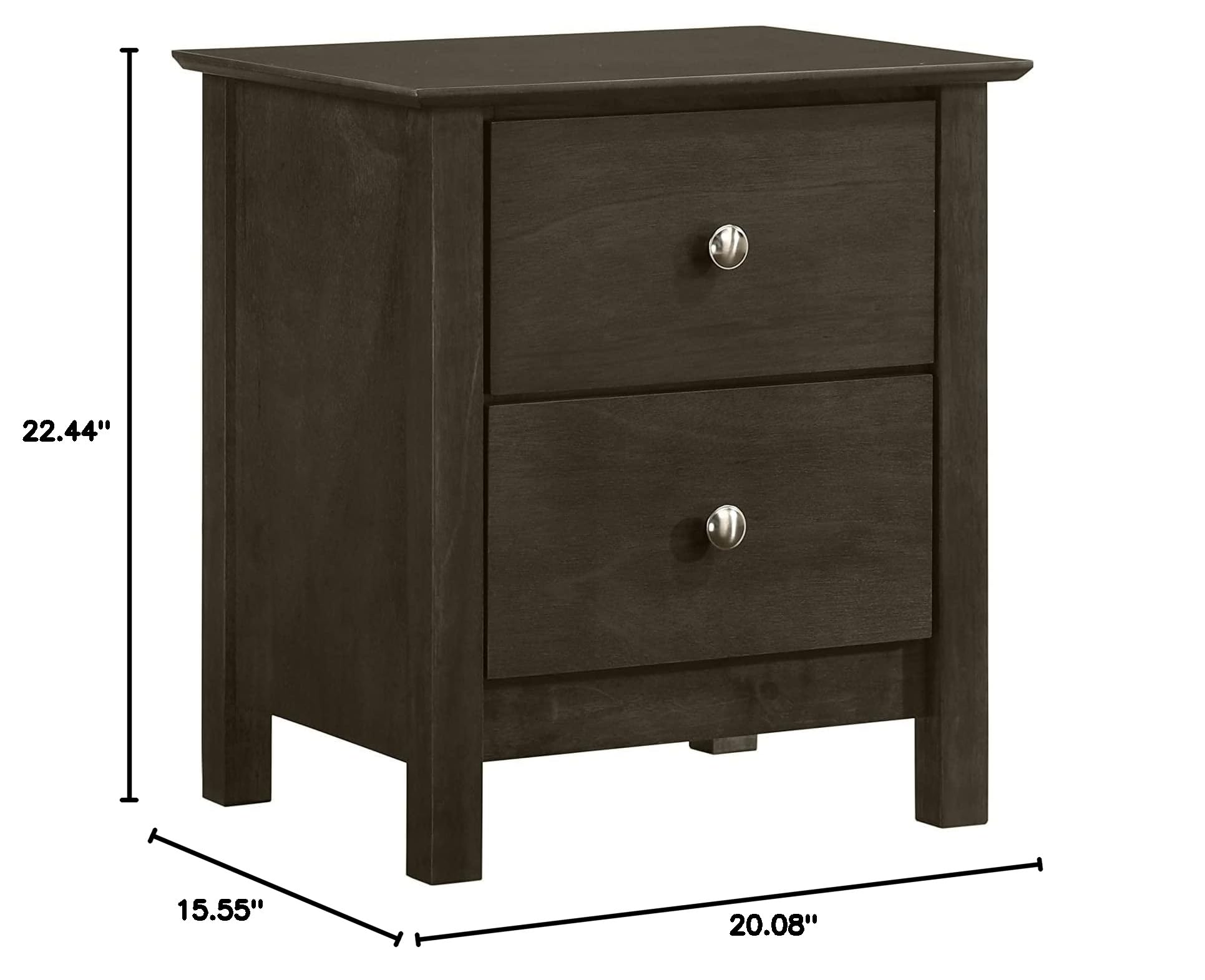 Gemini Solid Wood Nightstand with Two Drawers - Classic Gray Bedside Table for Bedroom, Living Room & Office Storage