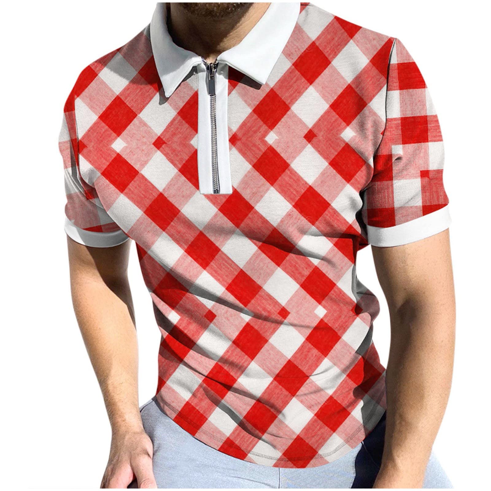 Men's Blue Plaid Casual Sports Suit - Summer Short Sleeve Zipper Lapel for Outdoor Activities