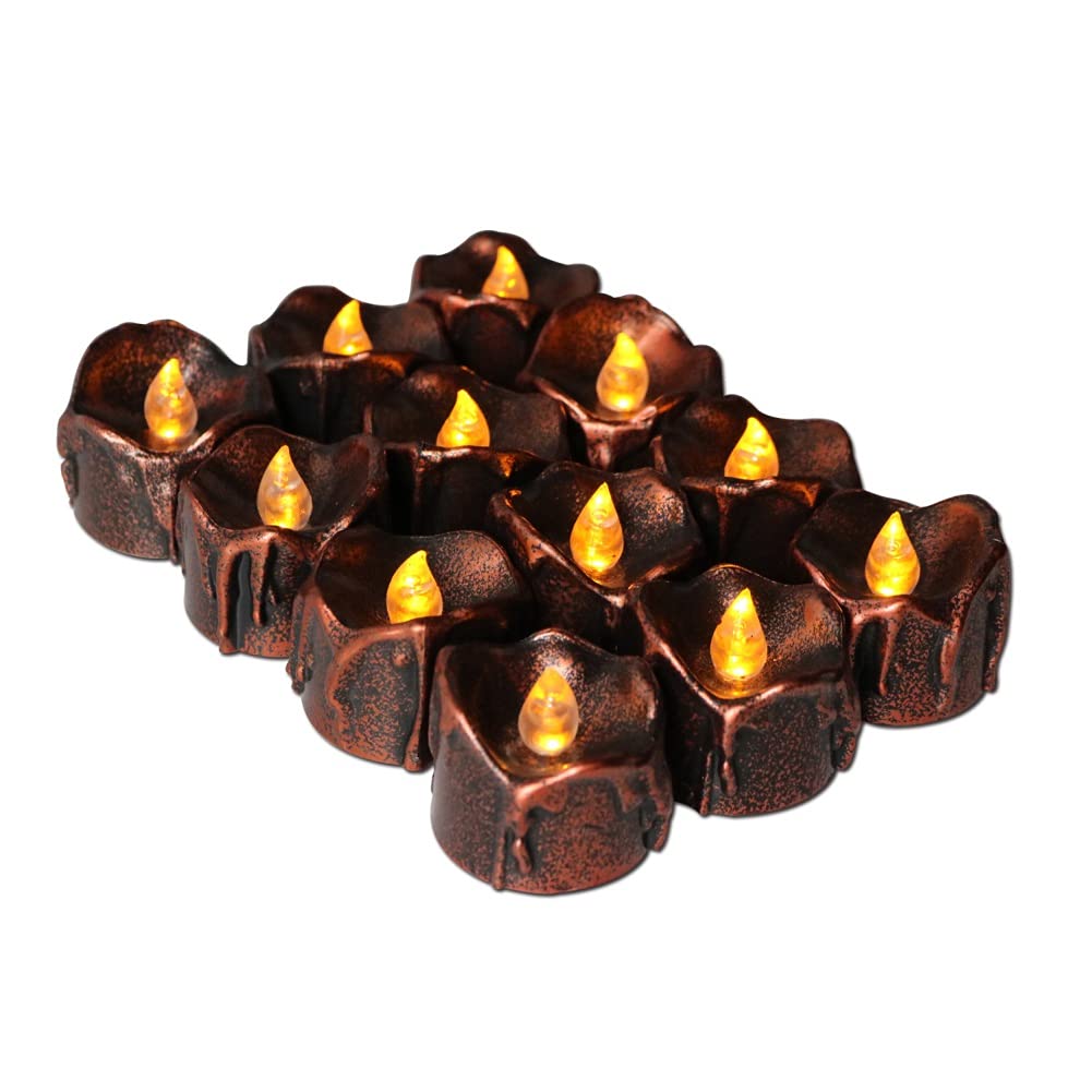 URMAGIC 12 Pcs Halloween LED Tea Lights - Flameless Flickering Candles with Realistic Black Wick, Battery Operated Amber Yellow Fake Candles for Spooky Home Decor, Party Centerpieces & Pumpkin Carving