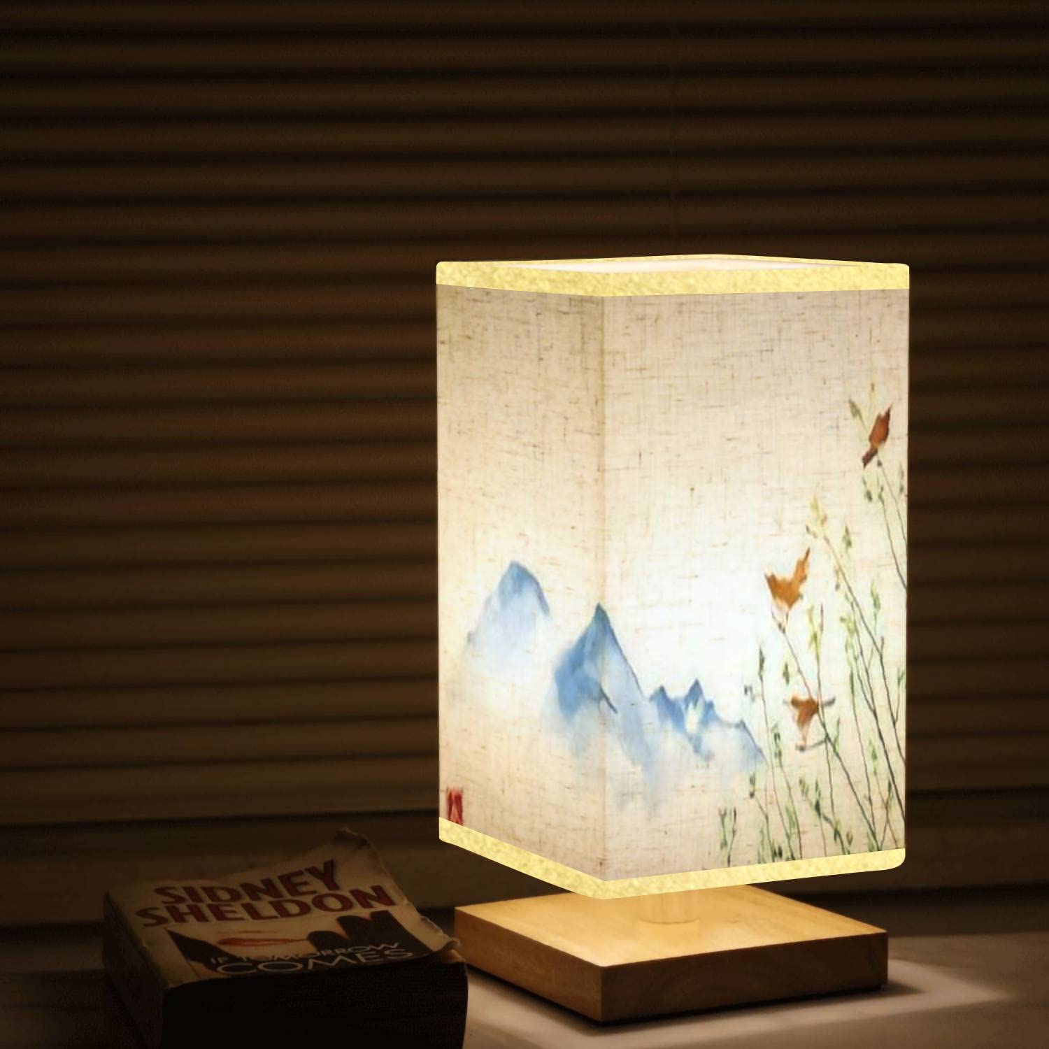 Square Bedside Table Lamp with Birds & Tree Branches Design - Traditional Wooden Base, Flaxen Fabric Shade, Dimmable Nightstand Lamp for Bedroom & Living Room - Perfect for Reading, Relaxing & Creating Cozy Ambiance