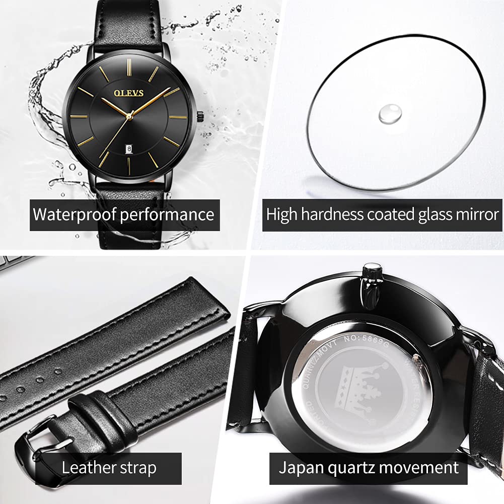 OLEVS Men's Ultra Thin Minimalist Dress Watch - Slim Analog Quartz Watch with Date, Big Face & Leather Band - Waterproof Casual Wristwatch for Business, Office & Formal Occasions