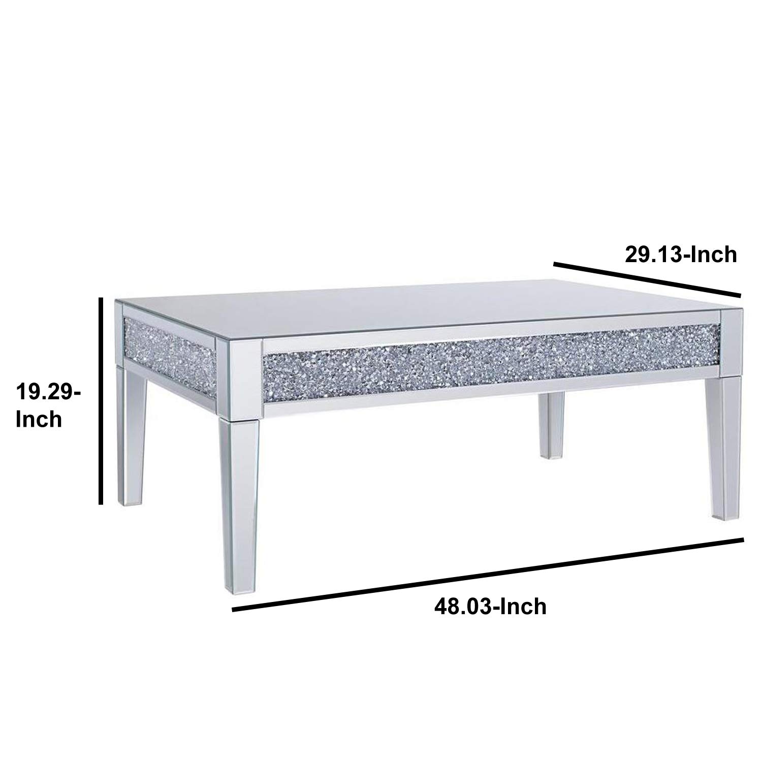 Silver Benjara Clear Wood & Mirror Coffee Table with Crystals - Living Room Decor