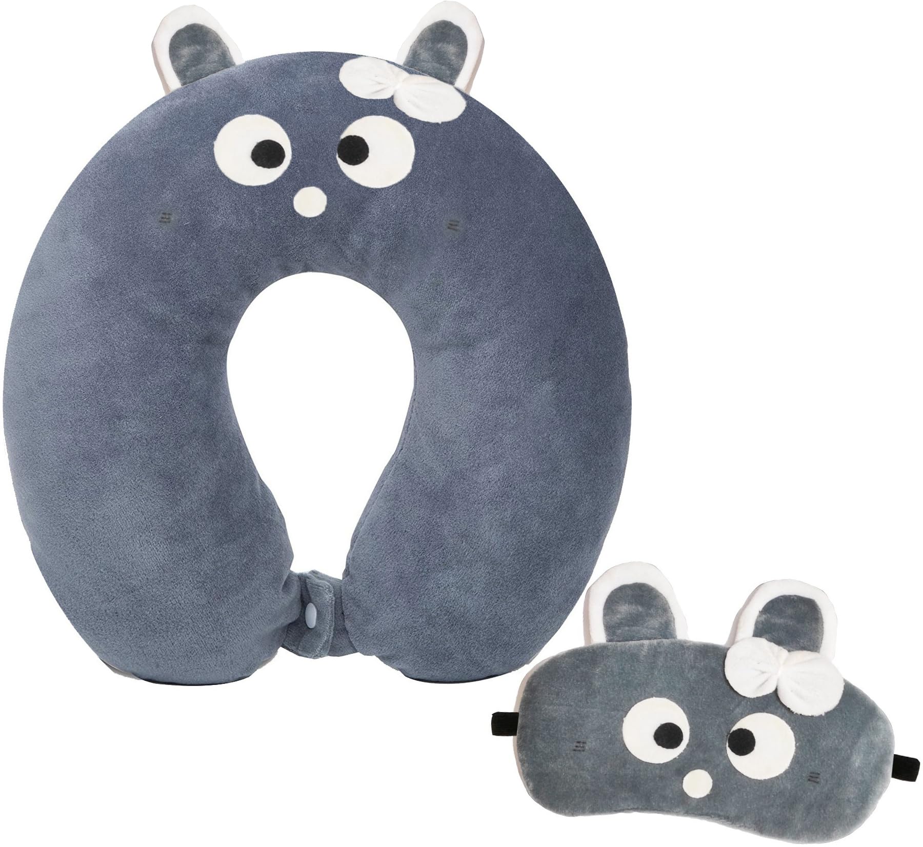Nitsha Velvet Cute Cartoon Neck Pillow & Sleeping Eye Mask Set - Soft Travel Pillow for Airplane, Office & Home Use - Grey Comfort Combo for Men & Women