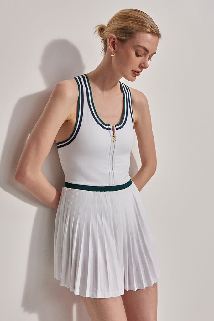 Varley Jane Court Dress - Elegant White & Forest Green Midi Dress for Women | Perfect for Weddings, Parties & Formal Events