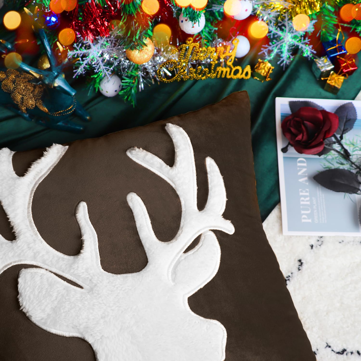 BRAWARM 18x18 Inch Christmas Pillow Cover - Embroidered Coffee Reindeer Design, Soft Velvet Decorative Throw Pillow for Couch, Bed, Sofa - Perfect for Living Room & Holiday Home Decor