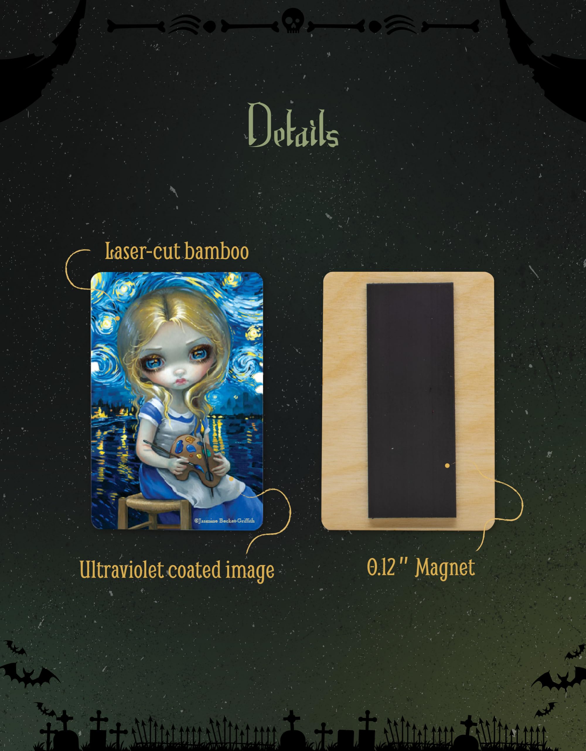 Arcane Vault - Gothic Fairy Tale Alice in Van Gogh Nocturne Wood Magnet by Jasmine Becket-Griffith | Laser-Cut, UV-Coated Decorative Fridge Magnet (1229-LM) | Perfect for Home, Office & Gift Giving