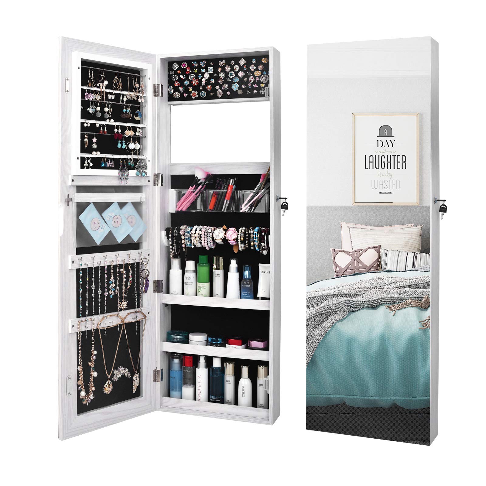 Fuara Jewelry Organizer Armoire with Full-Length Mirror - Retro PVC Wood Grain Coating Jewelry Storage Cabinet, Dressing Mirror & Home Decor (White) - Perfect for Bedroom, Closet & Vanity Organization