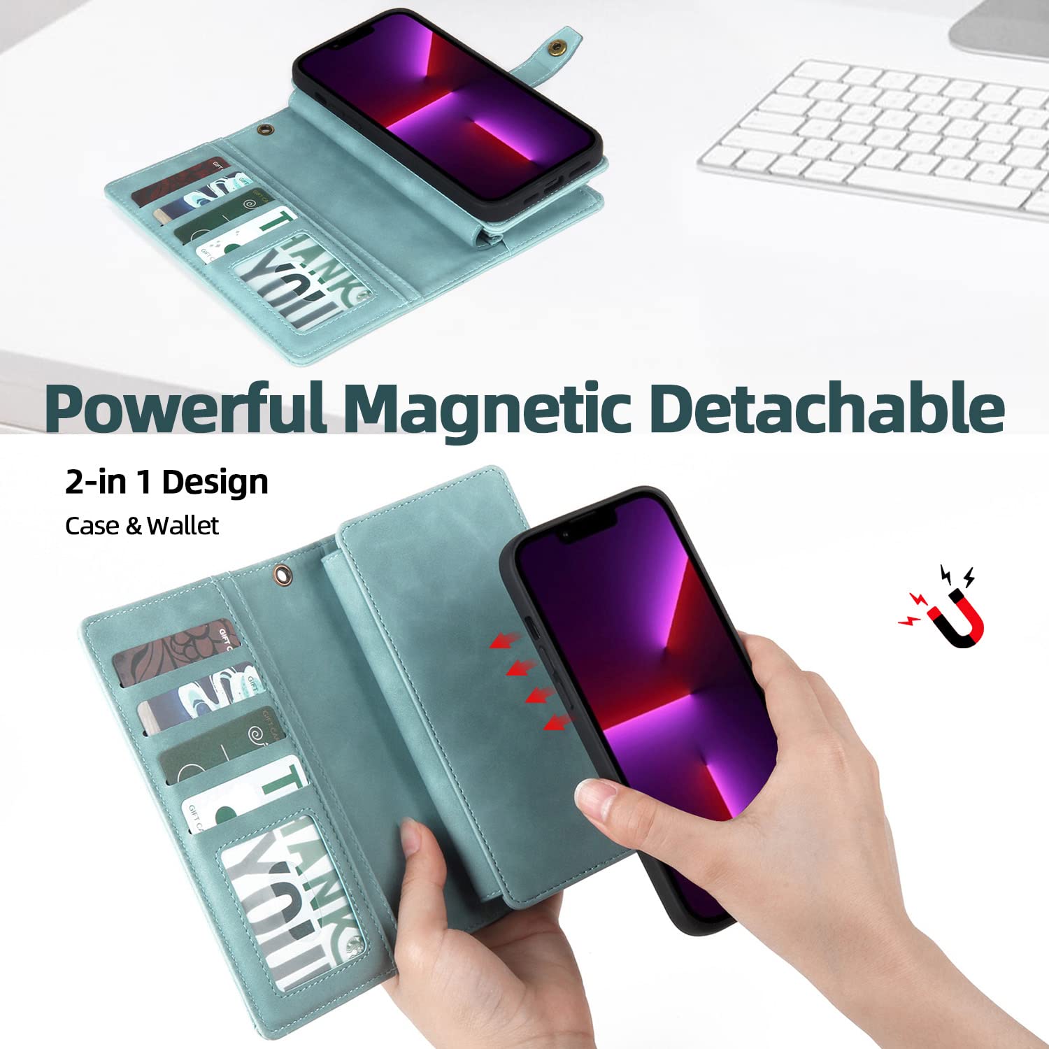 Magnetic Wallet Case for iPhone 11 with Card Holder & Detachable Cover - PU Leather Phone Case with Wrist Strap for Women & Men (Blue) - Perfect for Travel, Shopping & Everyday Use
