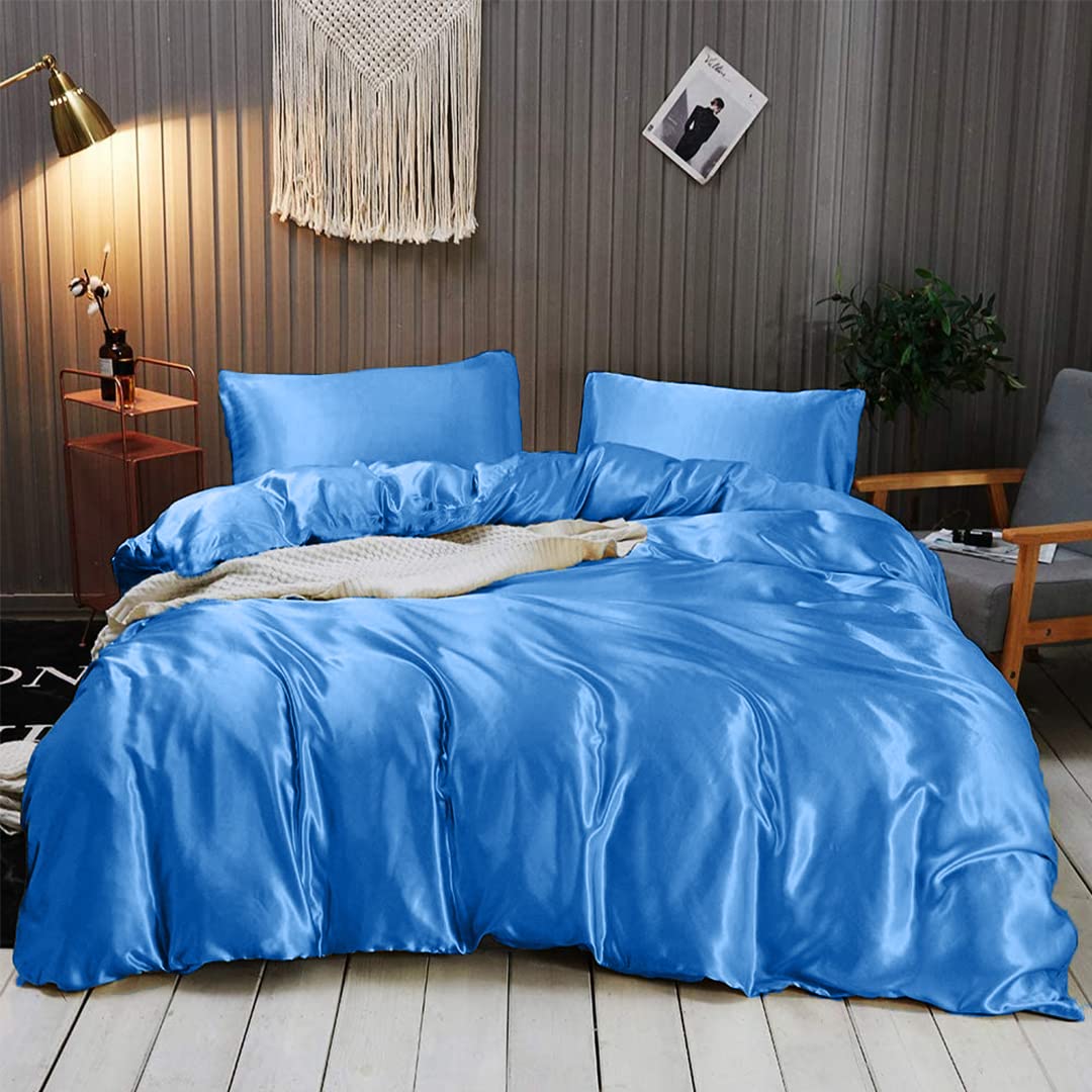Luxury Twin XL Silk Satin Sheet Set - 7 Piece Hotel Quality Bedding with Deep Pockets - Breathable Cooling Wrinkle-Free Comfy Medium Blue - Perfect for Master Bedroom, Guest Room & Luxury Hotels