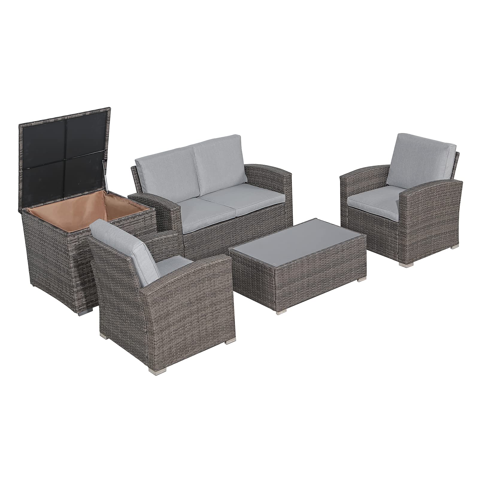 JOIVI PE Wicker 5-Piece Outdoor Patio Furniture Set - Gray Rattan Sectional Sofa with Storage Box, Tempered Glass Table & Light Gray Cushions - Perfect for Backyard, Poolside or Garden Relaxation
