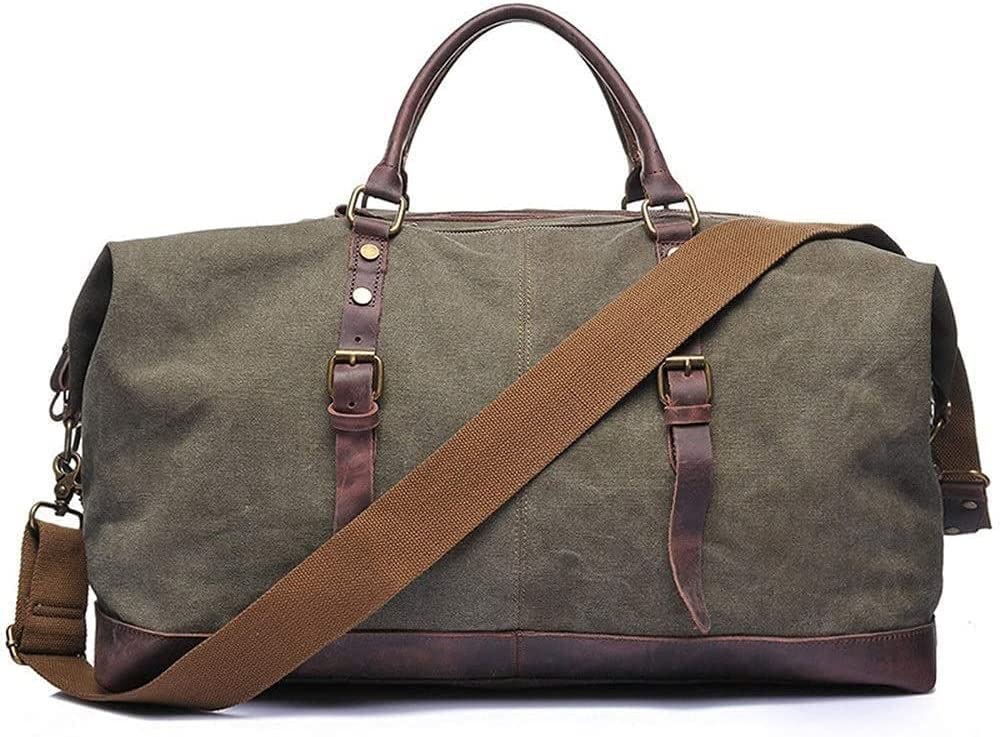 Premium Canvas & Genuine Leather Duffle Bag for Men & Women - Large 32x54x26cm Weekender Travel Luggage - Green | Gym, Overnight Trips, Business Travel & Outdoor Adventures