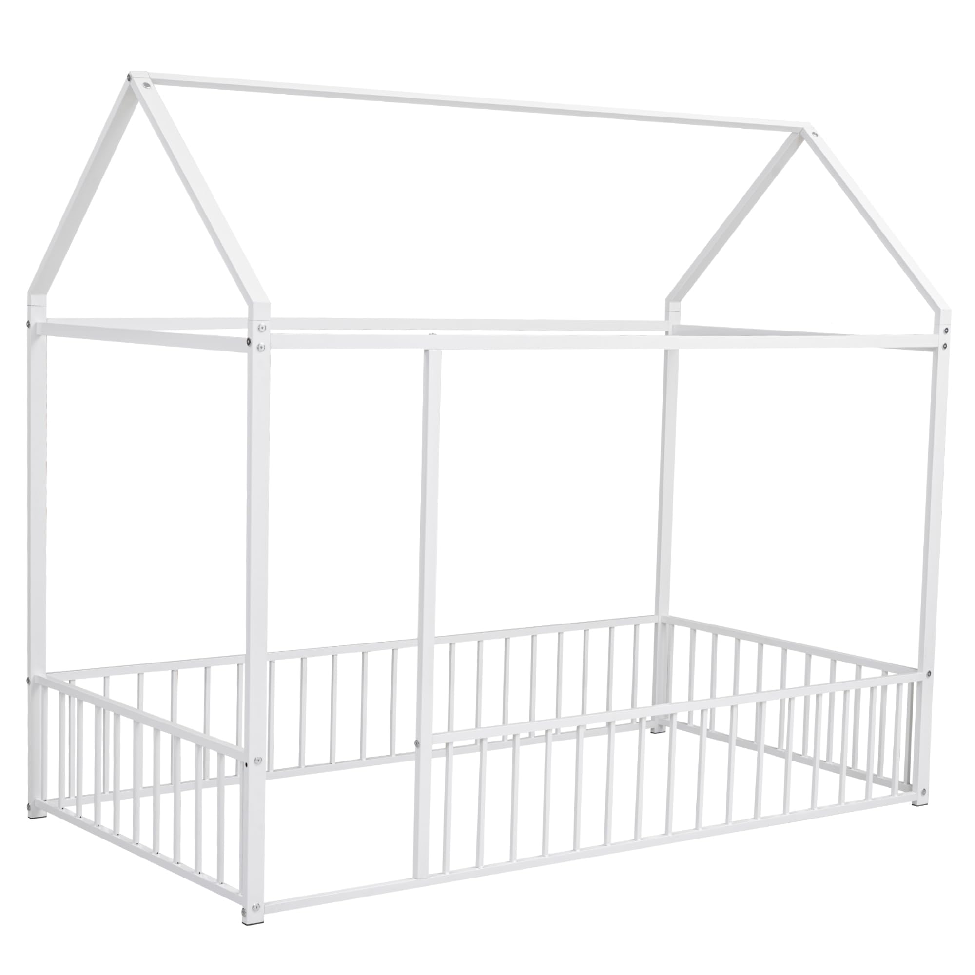 Montessori Twin Size Floor Bed for Kids - White Metal House Bed Frame with Safety Fence | Playhouse Design for Toddlers & Children | Perfect for Bedrooms, Playrooms & Montessori Learning Spaces