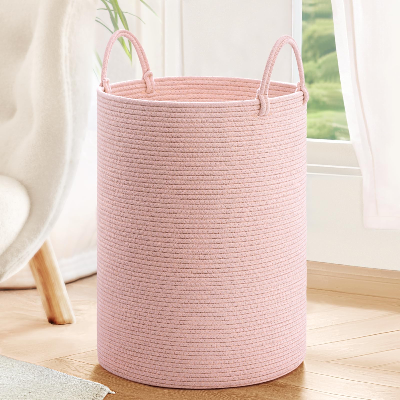 INDRESSME Pink Laundry Basket for Girls & Kids - Woven Rope Storage Hamper for Nursery, Bedroom & Living Room - Tall Toy & Blanket Organizer Bin (19.7 x 13.8 Inches) - Perfect for Kids' Room Decor, Clothes Storage & Playroom Organization