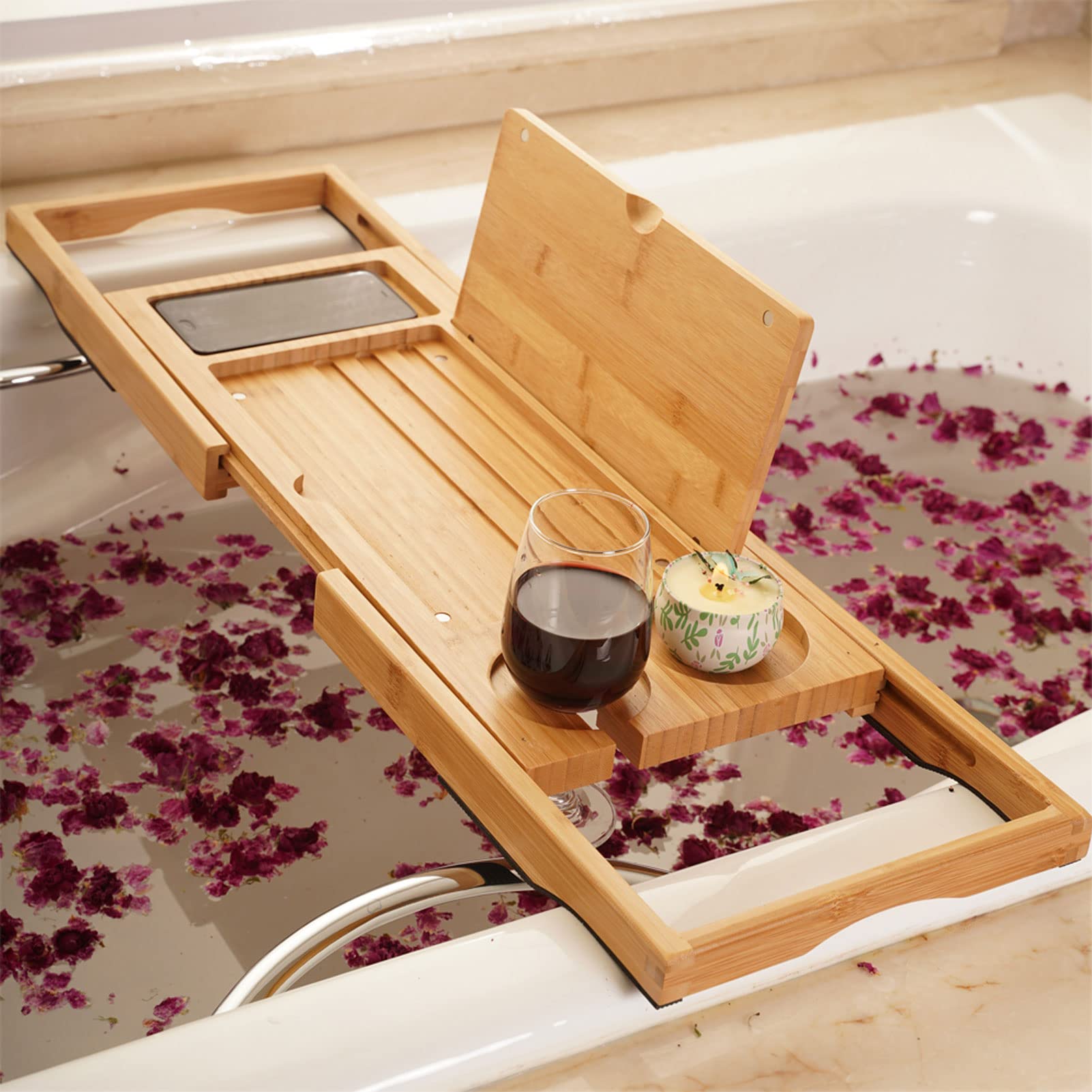 Adjustable Bamboo Bath Caddy - Bathtub Tray with Book & Wine Holder for Relaxation