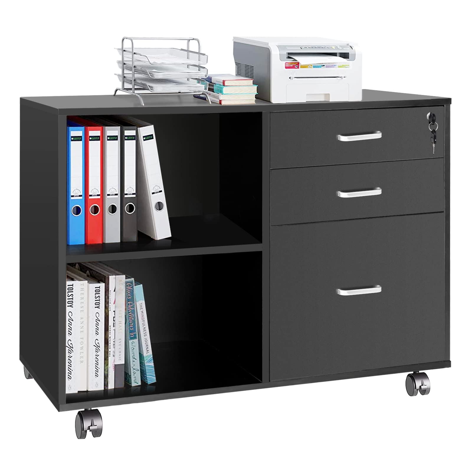 TUSY 3-Drawer Locking File Cabinet - Mobile Lateral Office Organizer with Storage Shelves, Black - Perfect for Home Office, Printer Stand & Document Storage