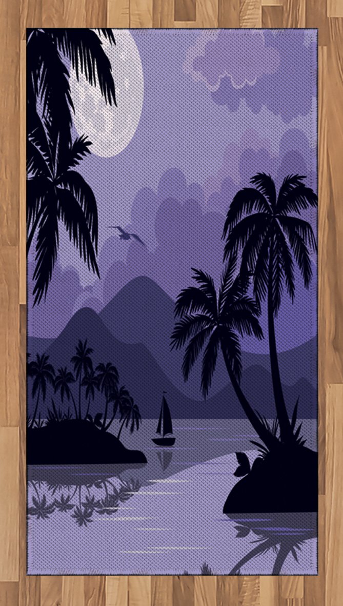Ambesonne Tropical Area Rug - Caribbean Island Night Landscape with Full Moon, Sailboat & Palm Trees | Non-Slip Flat Woven Accent Rug for Living Room, Bedroom, Dining Room | 2'6