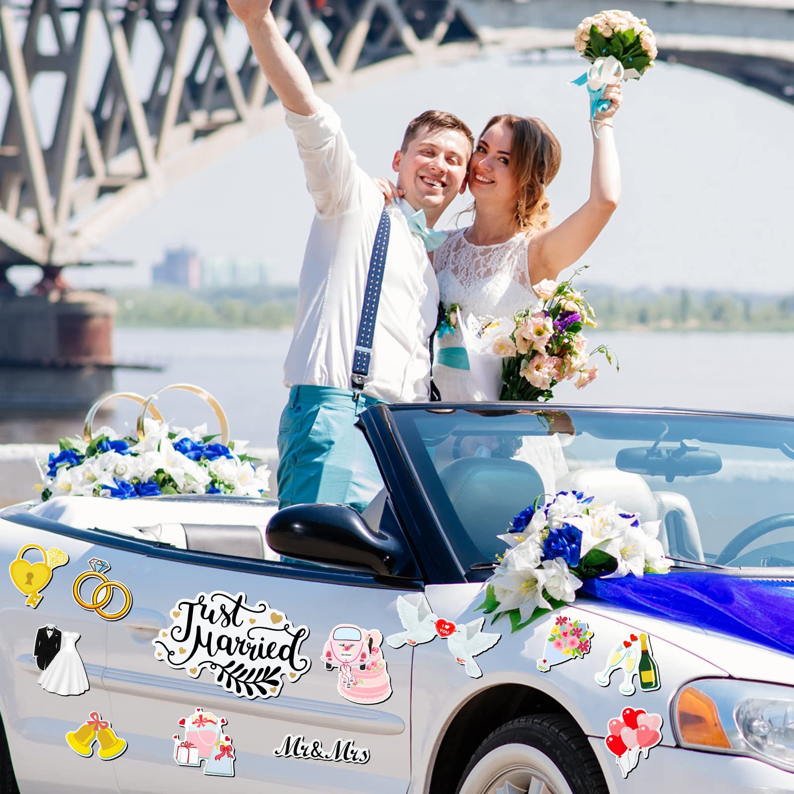 16 Pcs Just Married Car Decorations Kit - 14 Ornate Car Magnets, Window Decal & Cardstock Sign Banner | Wedding Decor for Cars, Bridal Shower & Honeymoon Photo Props | Perfect for Newlyweds' Getaway & Celebration