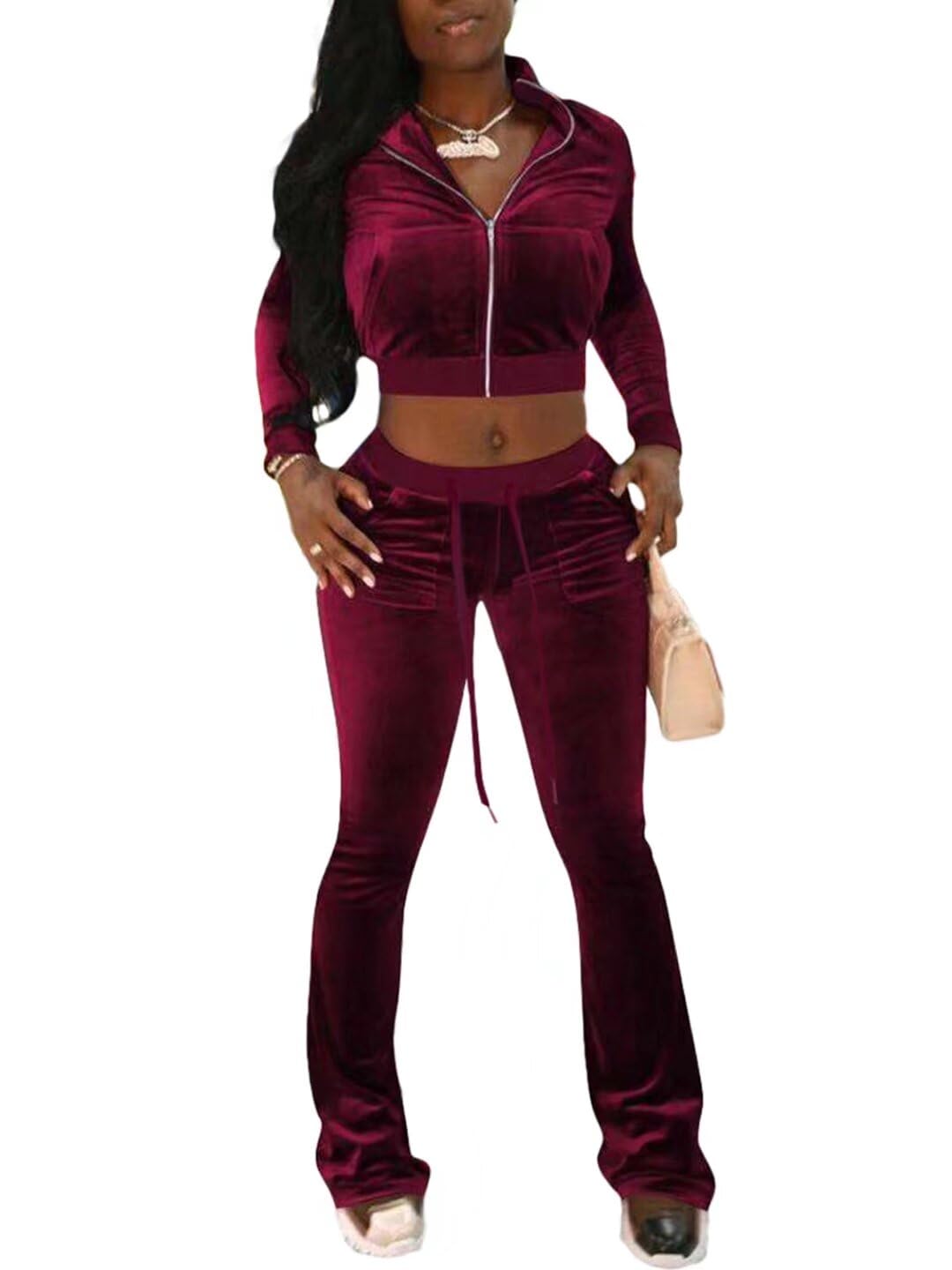 Women's 2-Piece Velour Tracksuit Set - Soft Crop Jacket & Flared Pants for Lounge, Gym, and Streetwear Fashion | Comfortable Outfit for Casual Wear, Workouts & Night Out