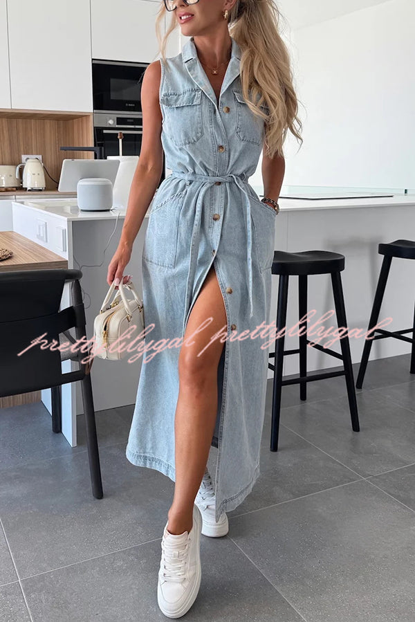 Solid Color Sleeveless Denim Midi Dress with Waist Tie & Pockets - Casual Summer Dress for Women, Perfect for Beach Outings, Picnics, and Weekend Brunch