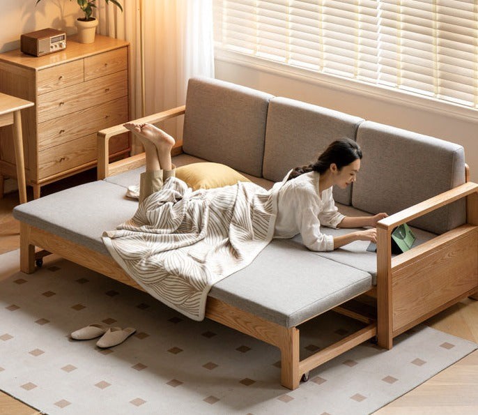 Oak Solid Wood Folding Storage Sofa Bed - Convertible Guest Bed & Space-Saving Furniture for Small Apartments, Living Rooms & Dorm Rooms