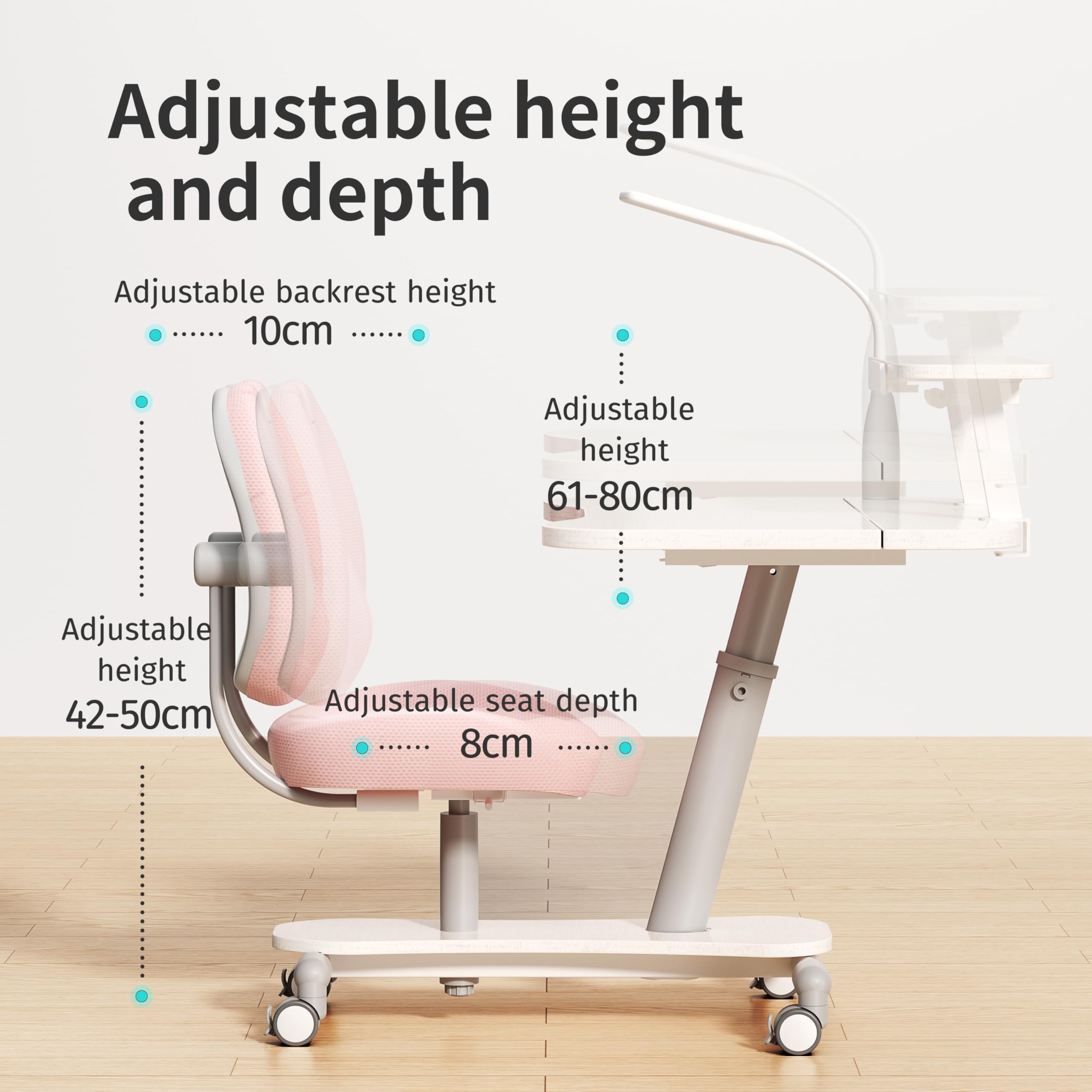 Adjustable Height & Depth Kids Study Desk Chair - Portable Mobile Children's Learning Furniture in Pink | Perfect for Homeschooling, Online Classes & Bedroom Study Space