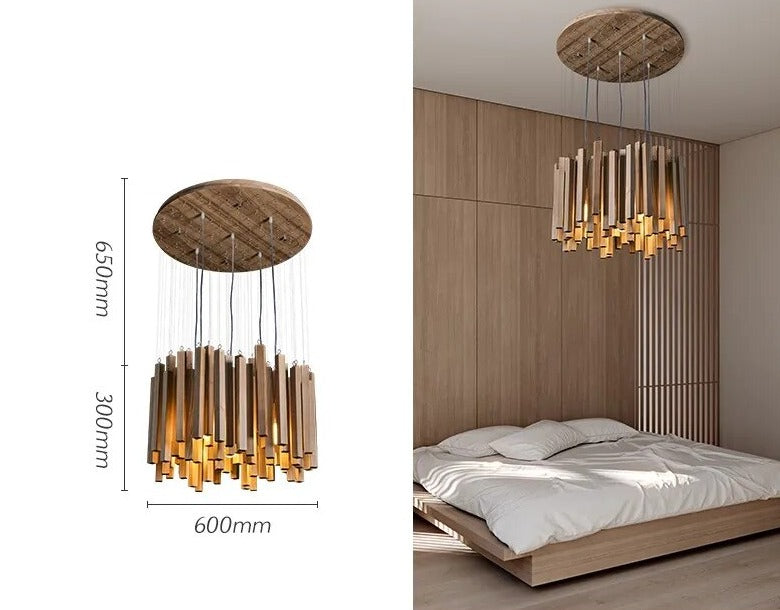 Solid Oak Wood Hanging Chandelier - Rustic Farmhouse Ceiling Light Fixture for Dining Room, Kitchen, or Bedroom Decor