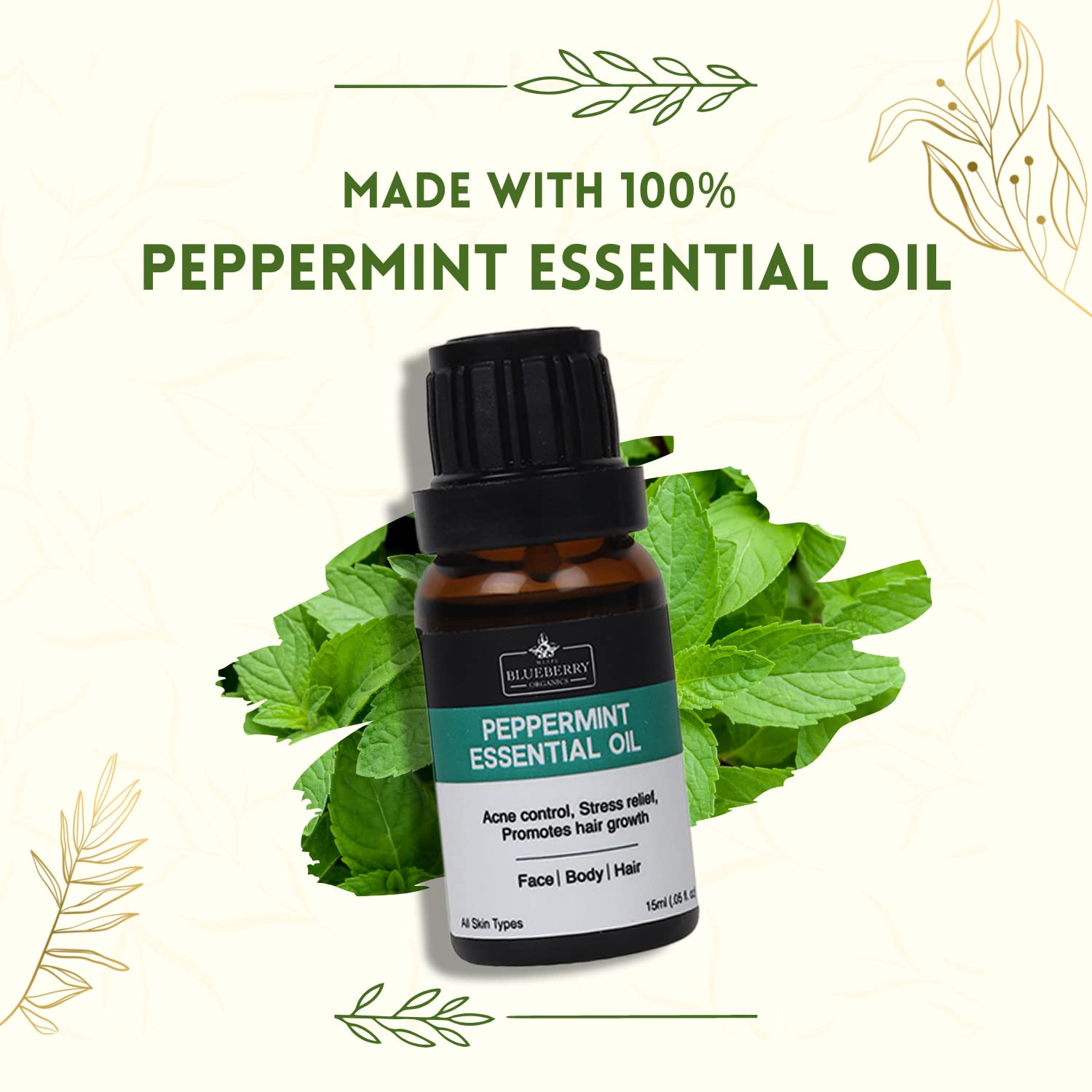 Organic Peppermint Essential Oil for Skin & Hair - 100% Pure Natural Aromatherapy Oil - 15ml Bottle for Relaxation, Stress Relief & DIY Beauty Products