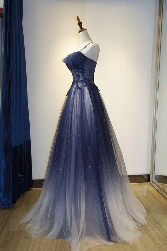 Elegant Navy Gradient A-Line Tulle Long Formal Prom Dresses for Women - Perfect for Homecoming, Evening Gala & Special Occasions - Style J2639