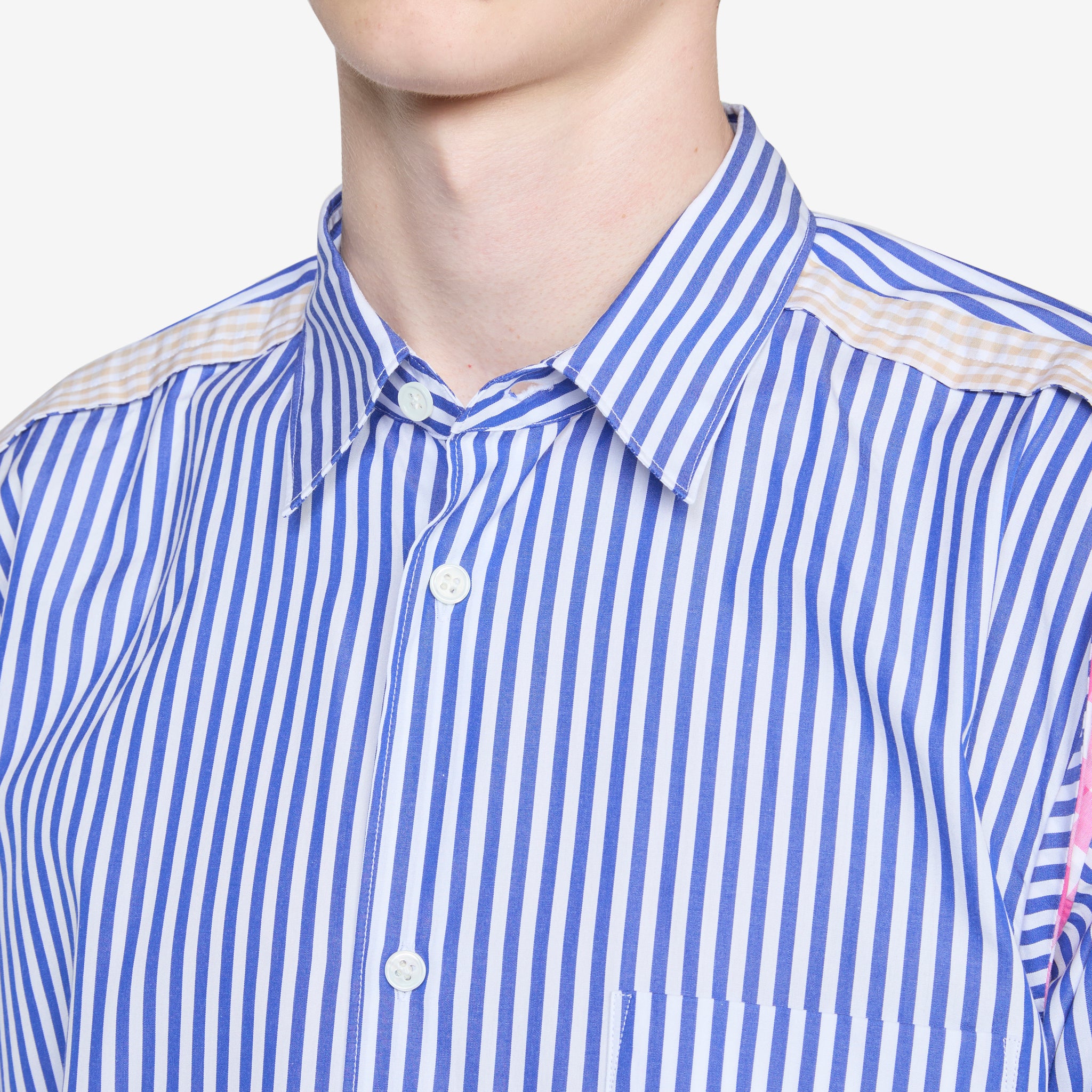 Blue Striped Gingham Trim Shirt for Women - Casual Summer Button Down Top for Picnics, Beach Outings and Office Wear