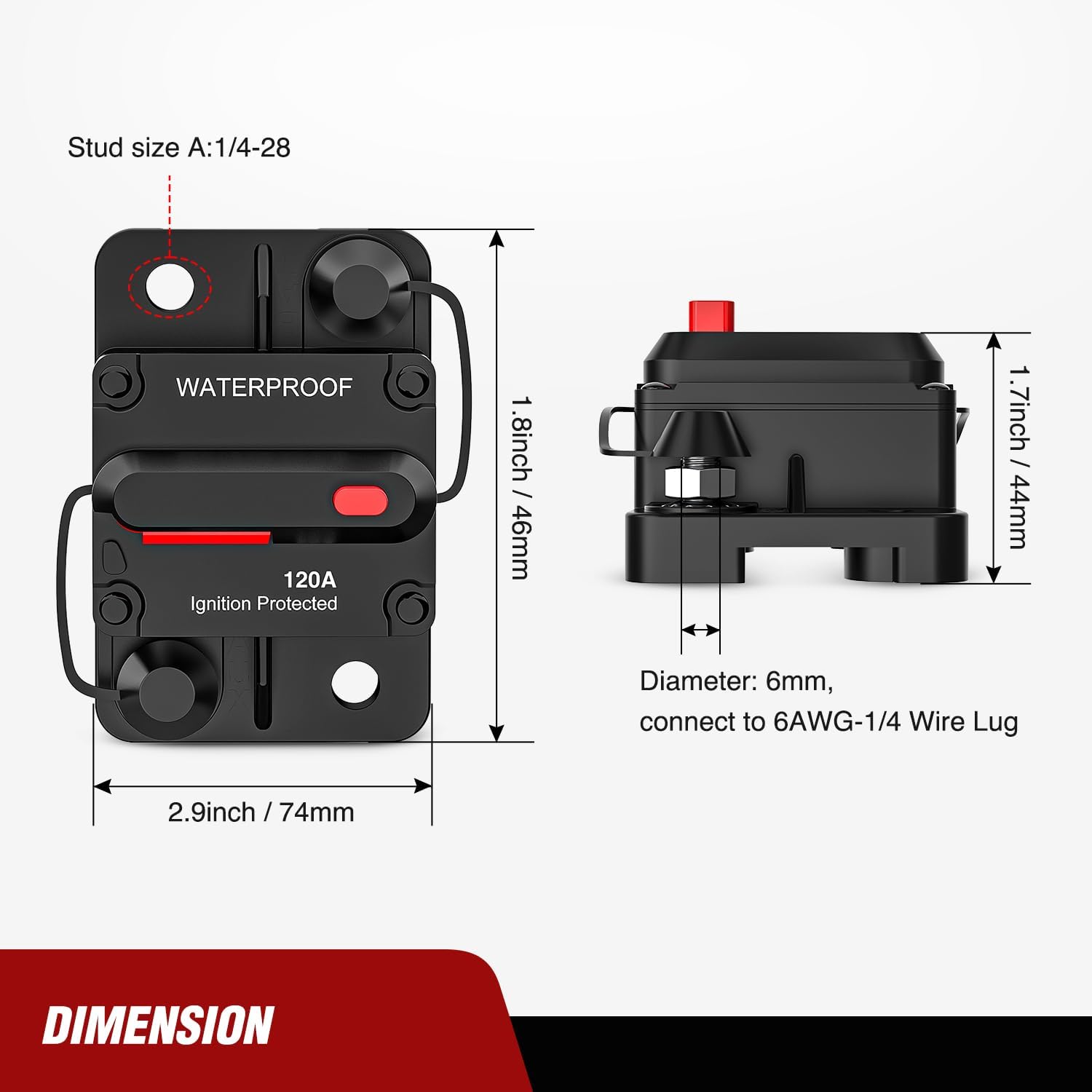 120A Resettable Circuit Breaker 12V-48V DC Manual Reset with Copper Wire Lugs - Surface Mount Overload Protection for Marine, RV, Solar & Automotive Electrical Systems