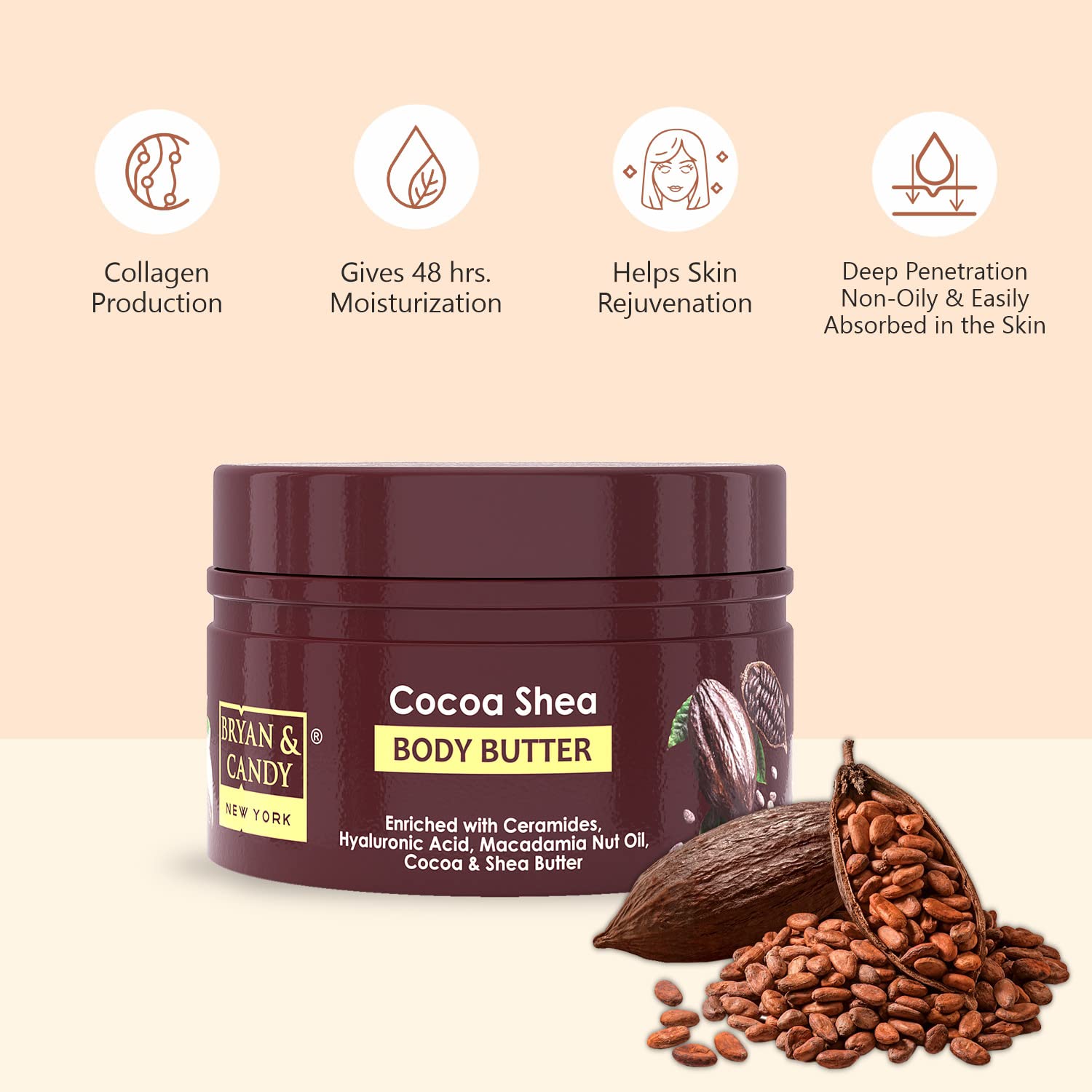BRYAN & CANDY Cocoa Shea Body Butter - pH 5.5 Balanced, 72-Hour Moisturizing Cream for Dry Skin | 100% Vegan, Cruelty-Free | Perfect for Winter Care & Daily Hydration