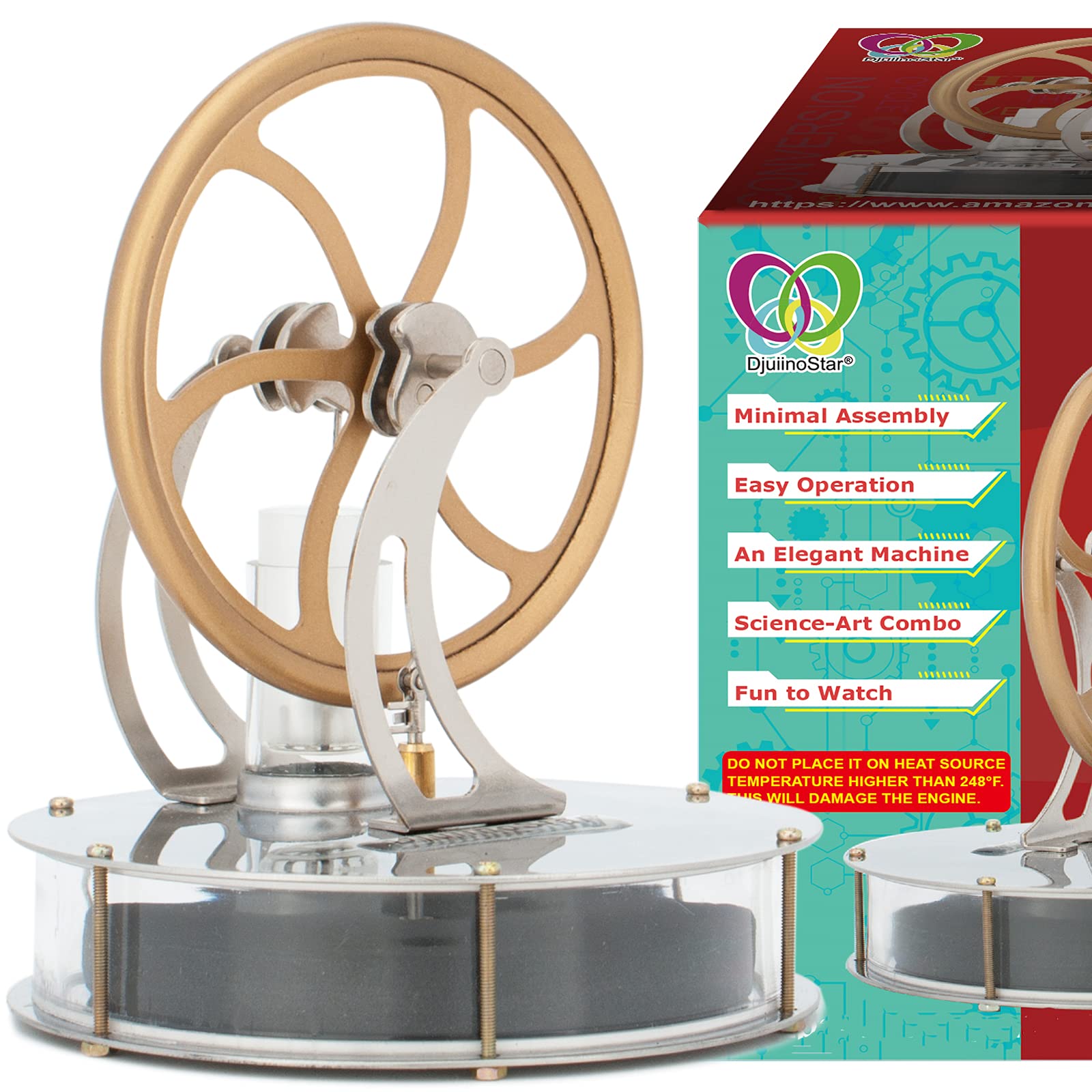 DJuiinoStar Classic Low Temperature Stirling Engine Model DLTD-303 - Unique Coffee Timer, Educational Steam Engine Toy, Perfect Gift for Engineers & Collectors - Great for Science Experiments, Office Decor & STEM Learning