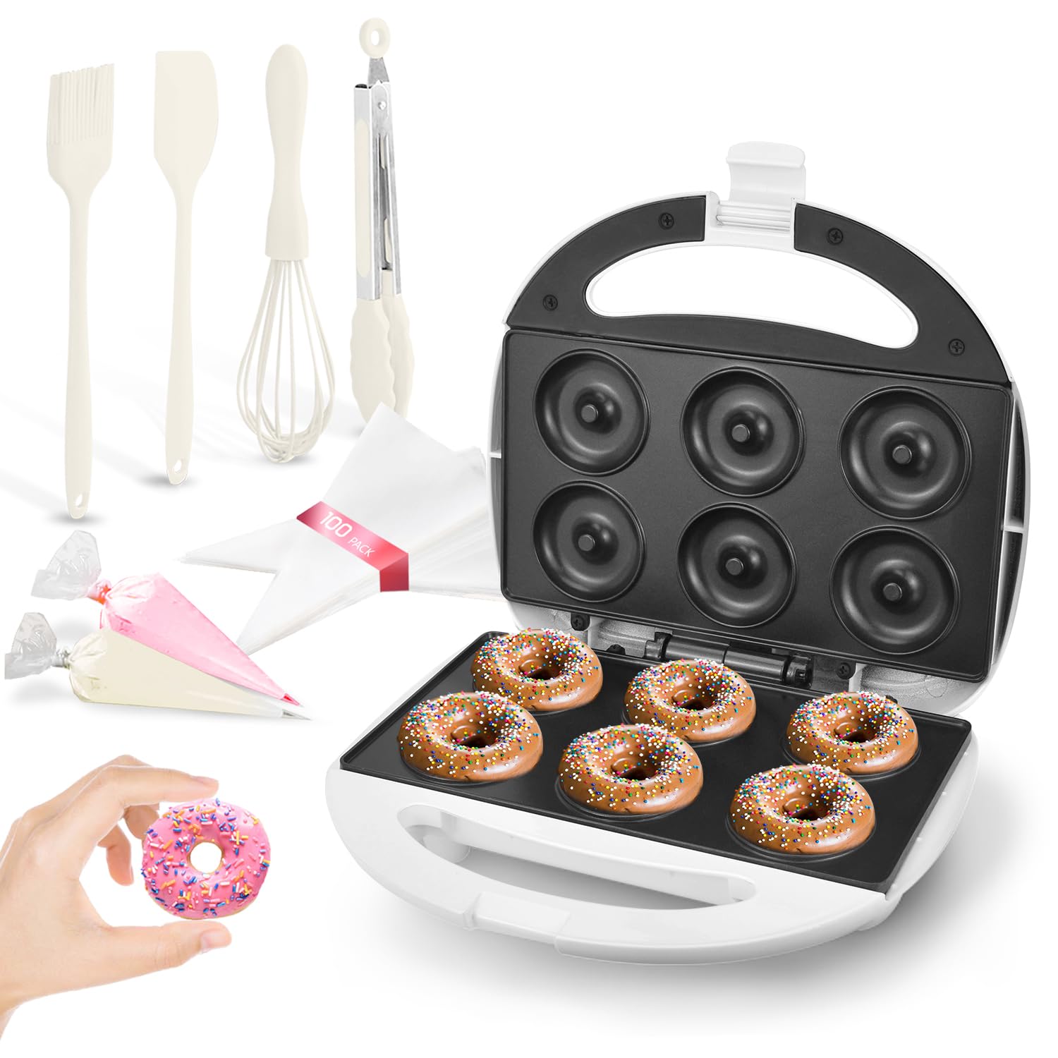 Mini Donut Maker Machine - Non-Stick Electric Doughnut Baker with Cool Touch - Makes 6 Mini Donuts at Once - Perfect for Breakfast, Snacks, Desserts & Party Treats (White) - Great for Home Kitchen, Cafes & Birthday Parties