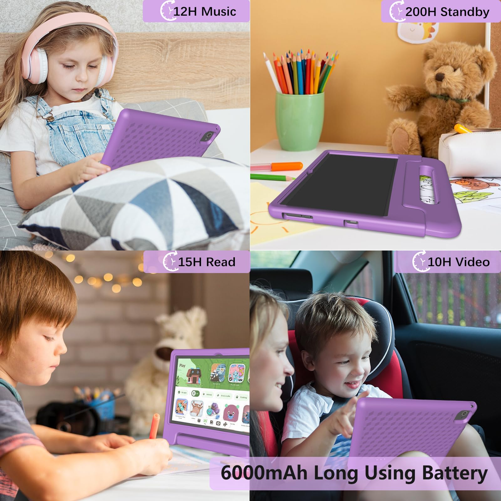 JREN 10.1 Inch Kids Tablet with Parental Control - Android 14, 8GB RAM + 64GB Storage, WiFi, 6000mAh Battery, Dual Camera & Shockproof Case - Purple | Educational Learning Tablet for Toddlers & Children | Perfect for Homeschooling, Travel & Entertainment