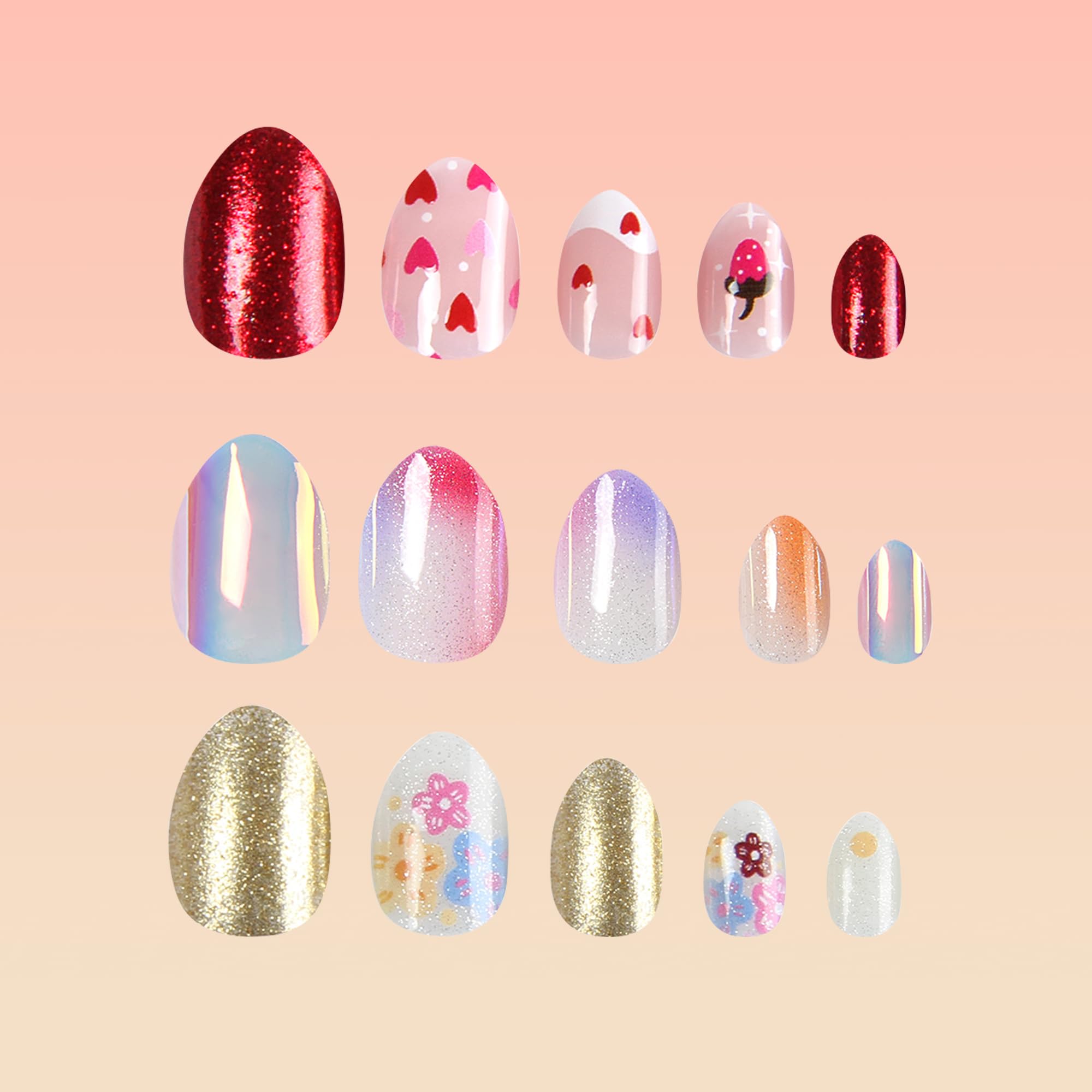 72PCS Press on Nails for Kids - 3 Pack Short Fake Nails with Adhesive | Cute Shell Strawberry Flower Design | Safe Non-Toxic Nail Art for Girls | Perfect for Birthday Parties, Playdates & Dress-Up