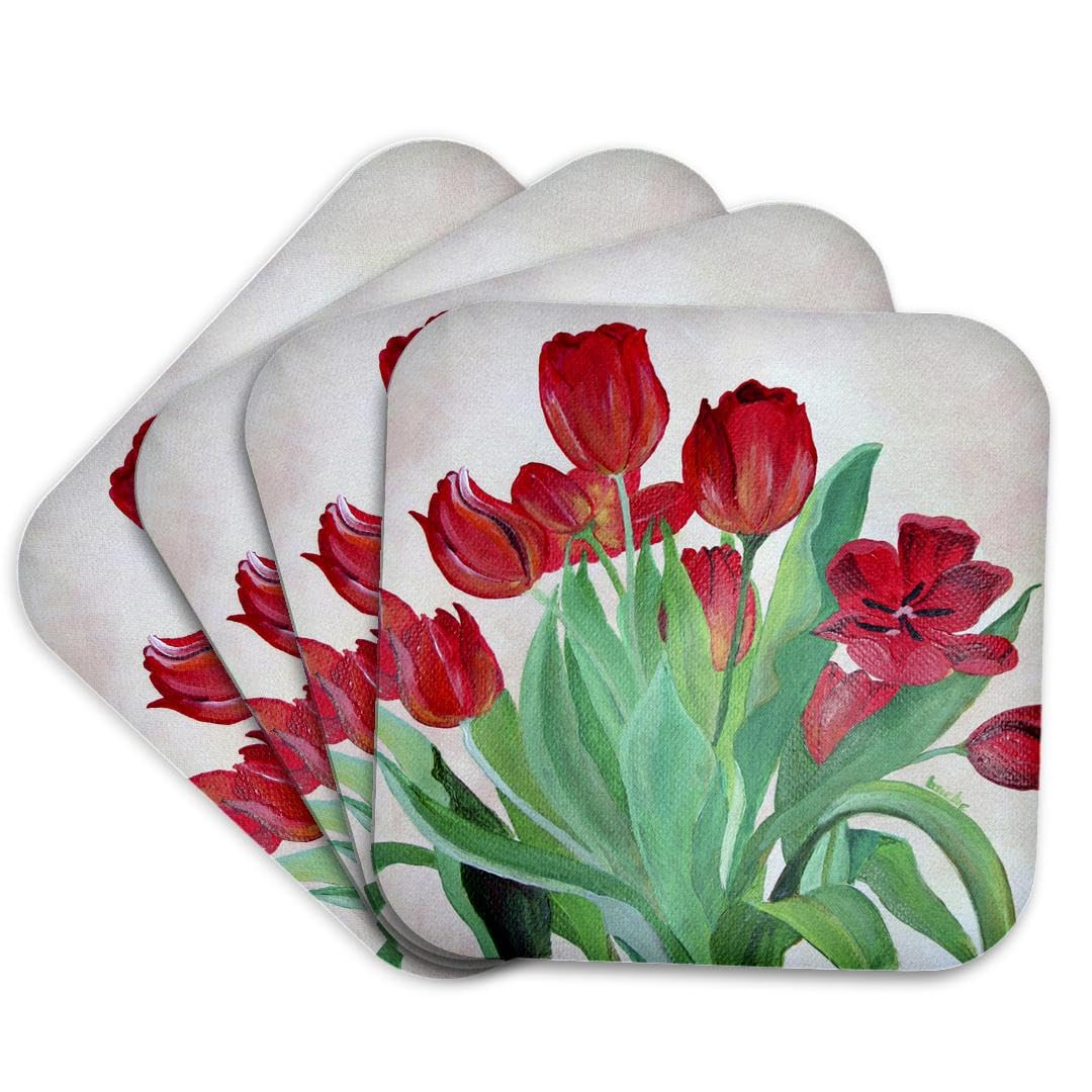 3D Rose Set of 4 Soft Coasters - Red Tulips Floral Design, Flower Bouquet Coasters for Home Decor, Kitchen, Dining Table, and Office Use