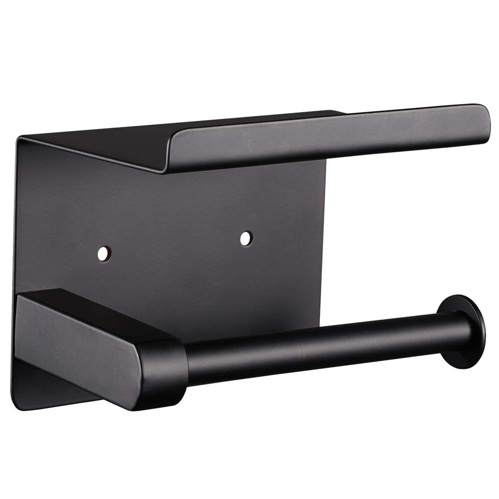 Stainless Steel Toilet Paper Holder with Shelf - No Drill Adhesive Mount - Black Matte SUS304 Bathroom Tissue Dispenser for Mega Rolls | Perfect for Small Bathrooms, RVs & Apartments