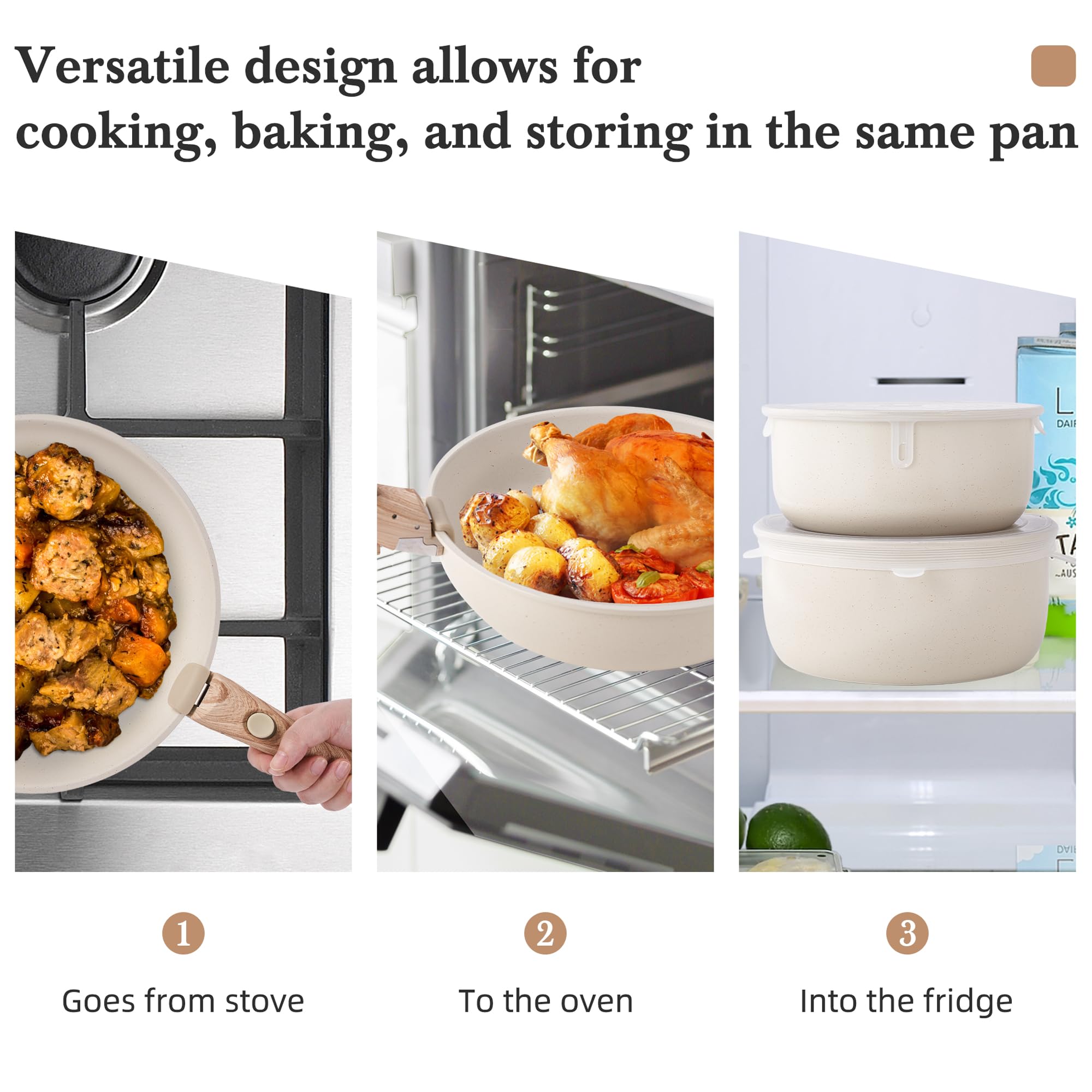 Premium Nonstick Cookware Set with Detachable Handles - 3-Piece Induction Kitchen Pots & Pans, Oven & RV Safe (Beige) - Perfect for Camping, Small Kitchens & College Dorms