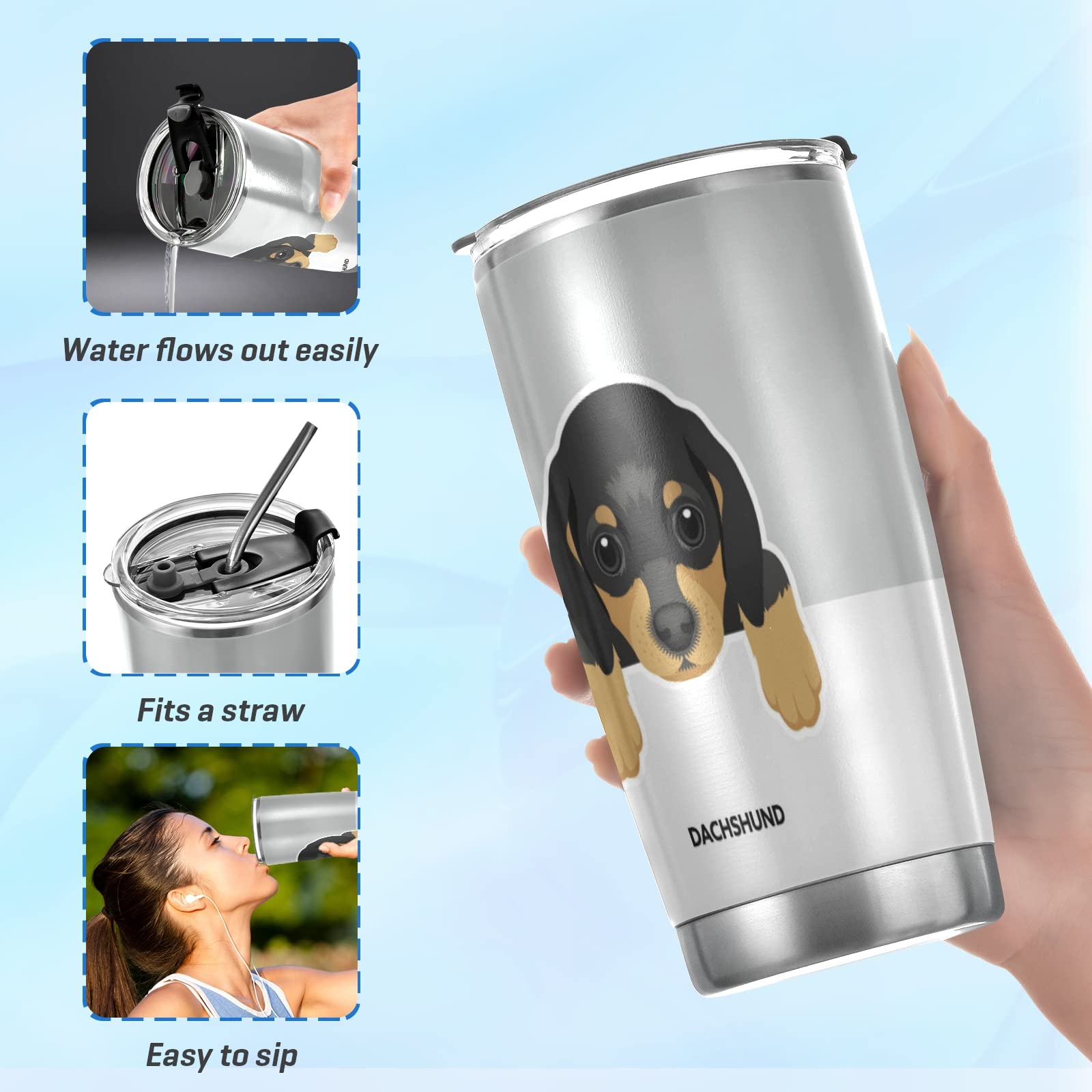 Poeticcity Dachshund Dog Face Tumbler - 20oz Stainless Steel Vacuum Insulated Travel Mug with Lid & Straw | BPA-Free Double Wall Thermal Cup for Coffee, Tea & Cold Drinks | Perfect for Office, Gym, Hiking & Road Trips