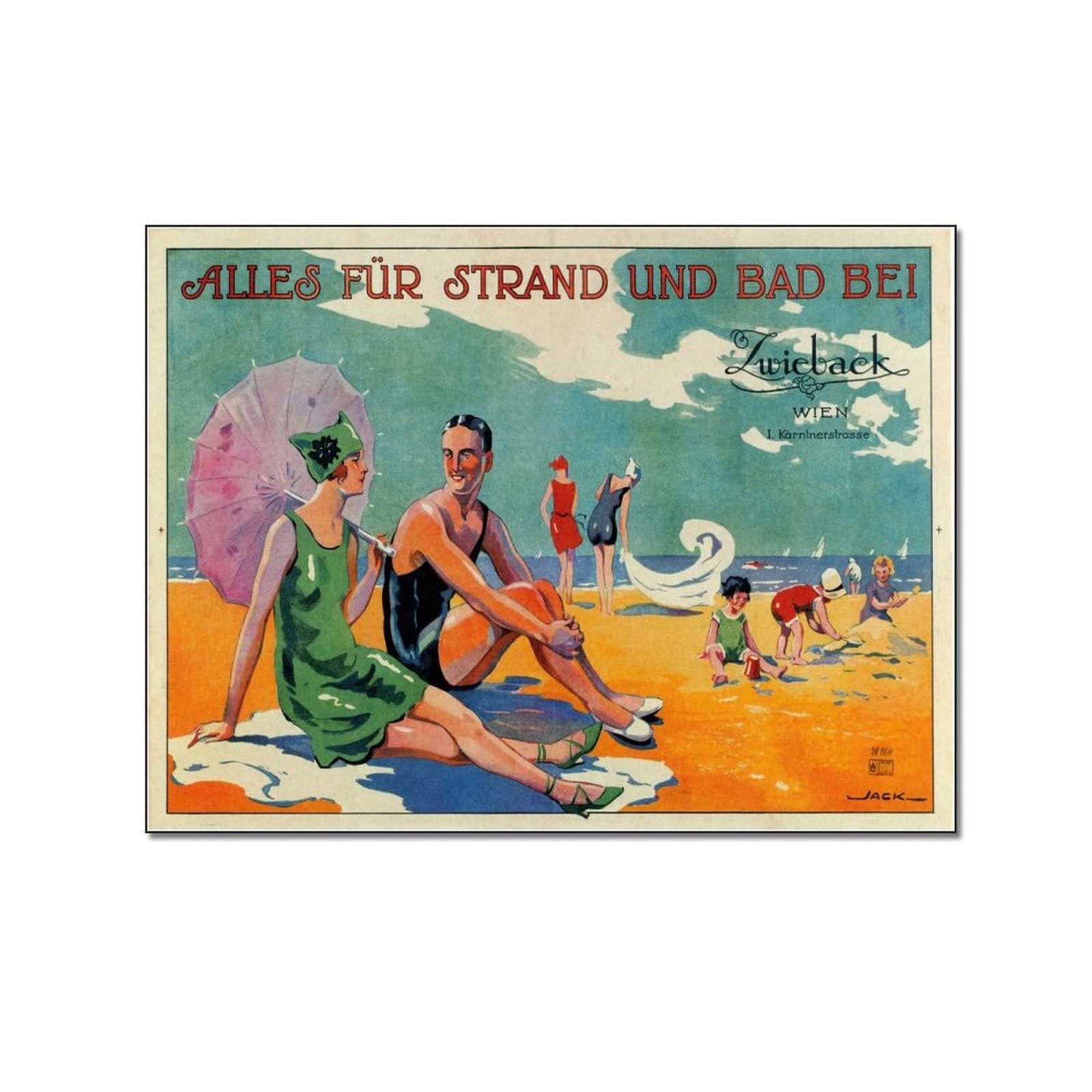 Vintage Travel Poster Vienna Austria - Family on The Beach Canvas Wall Art Print (24x32 inch / 60x80cm) for Bedroom, Living Room & Office Decor | Perfect for Home, Vacation Rental & Cafe Wall Decoration