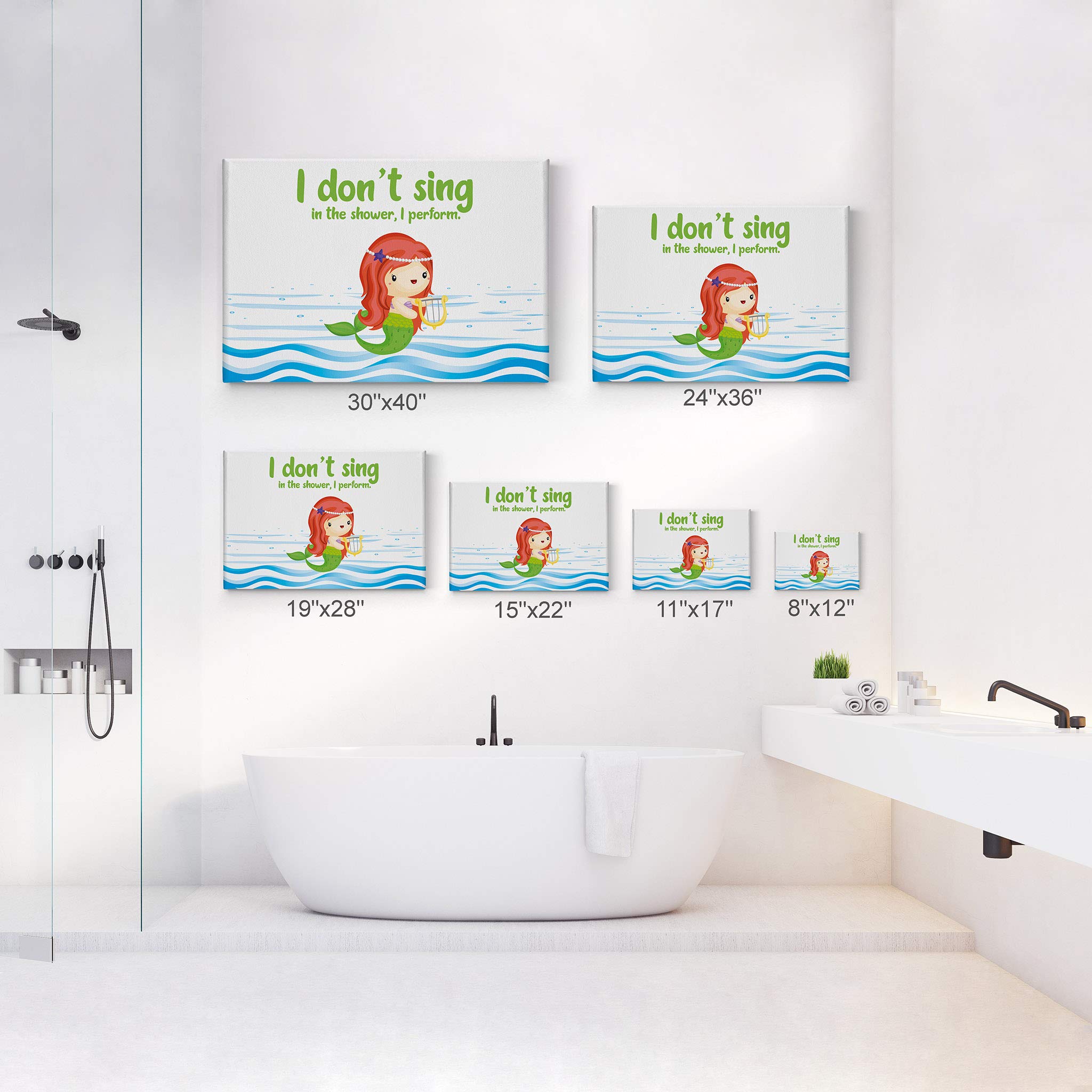 Smile Art Design 'I Don't Sing in the Shower I Perform' Funny Bathroom Canvas Print - 24x36 Inch Ready to Hang Wall Decor for Kids Bathroom, Nursery & Home - Made in USA | Perfect for Bathroom Humor, Gift Ideas & Unique Home Decoration