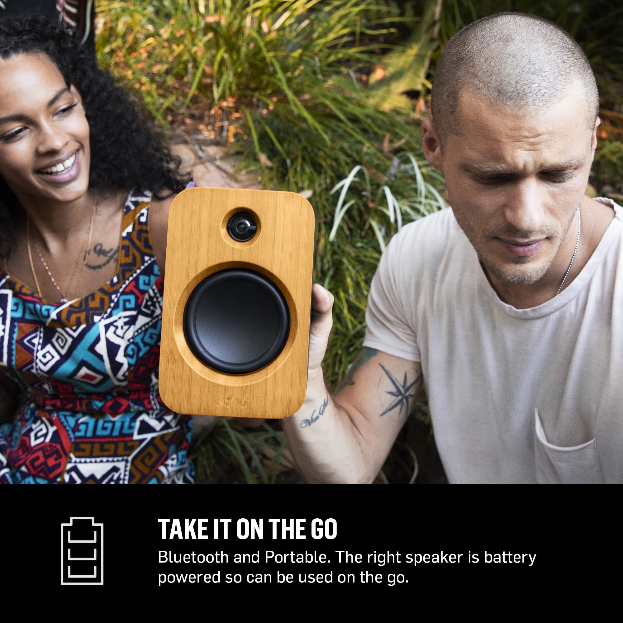 House of Marley Get Together Duo Wireless Bluetooth Bookshelf Speakers - Eco-Friendly Bamboo Design, 25-Hour Battery Life, AUX Input, Premium Sound for Home, Office & Outdoor Use