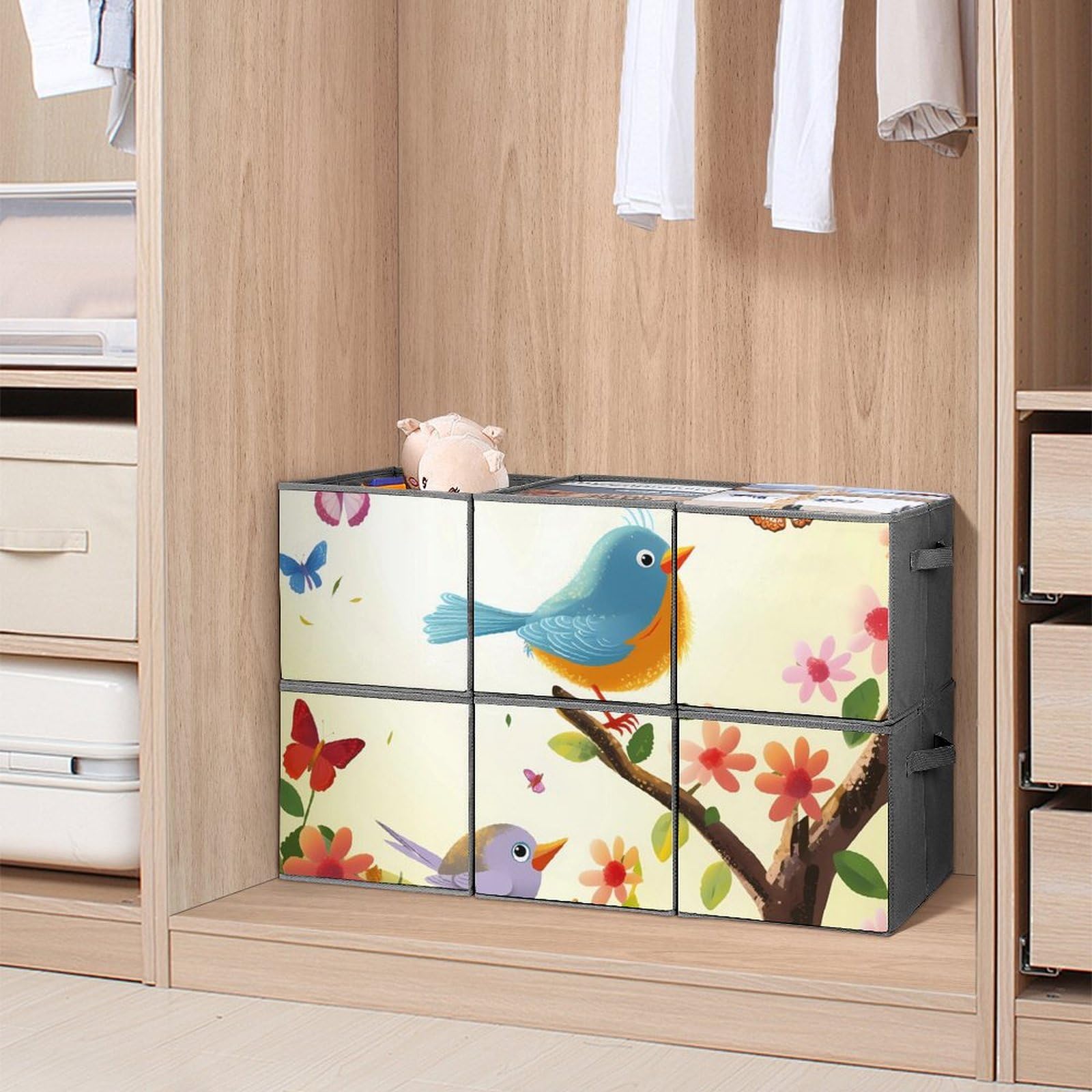 6-Pack Collapsible Storage Bins with Handles - Birds & Butterflies Design, Large Closet Organizer for Clothes, Toys, Blankets | Perfect for Bedroom, Nursery, Dorm & Home Organization