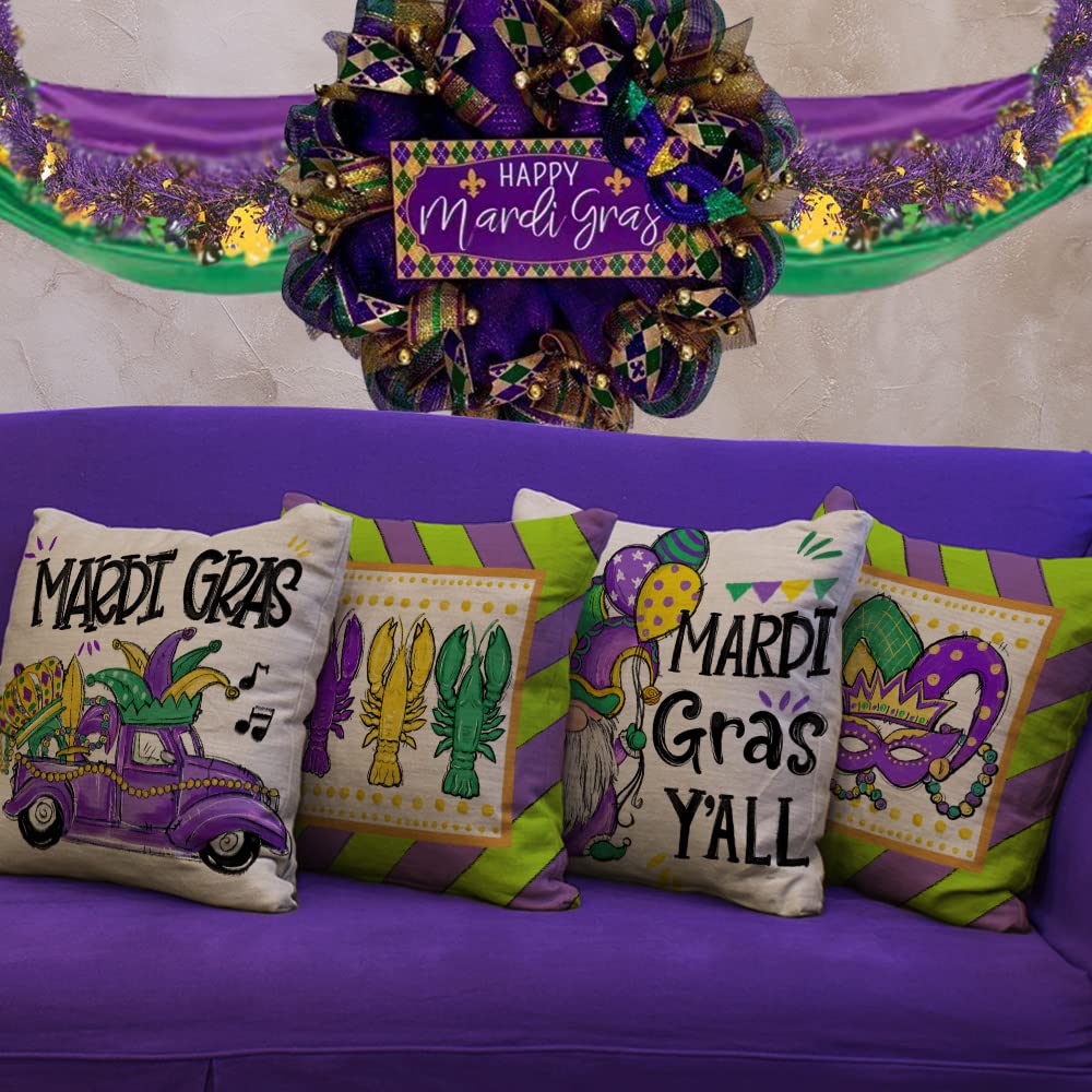 GEEORY Mardi Gras Pillow Covers 18x18 Inch Set of 4 - Decorative Throw Pillow Cases with Beads, Fleur De Lis & Gnome Designs for Home Decor, Sofa, Bed, Party - Happy Mardi Gras Celebration Accessories