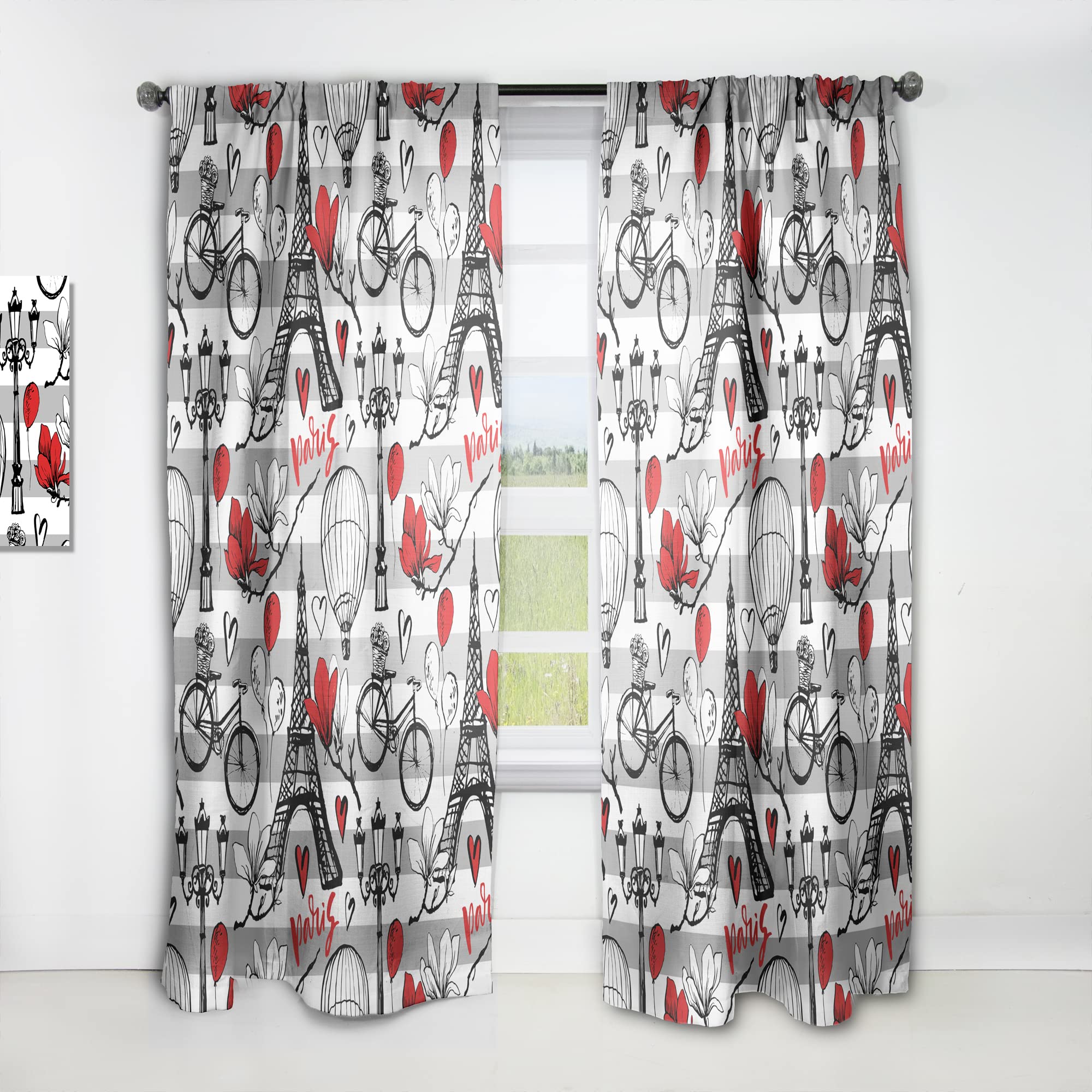 DesignQ Thermal Insulated Blackout Curtains - Paris Eiffel Tower & Red Hearts Pattern - 52x95 Inch Single Panel for Bedroom & Living Room - Perfect for Home Decor, Privacy & Temperature Control