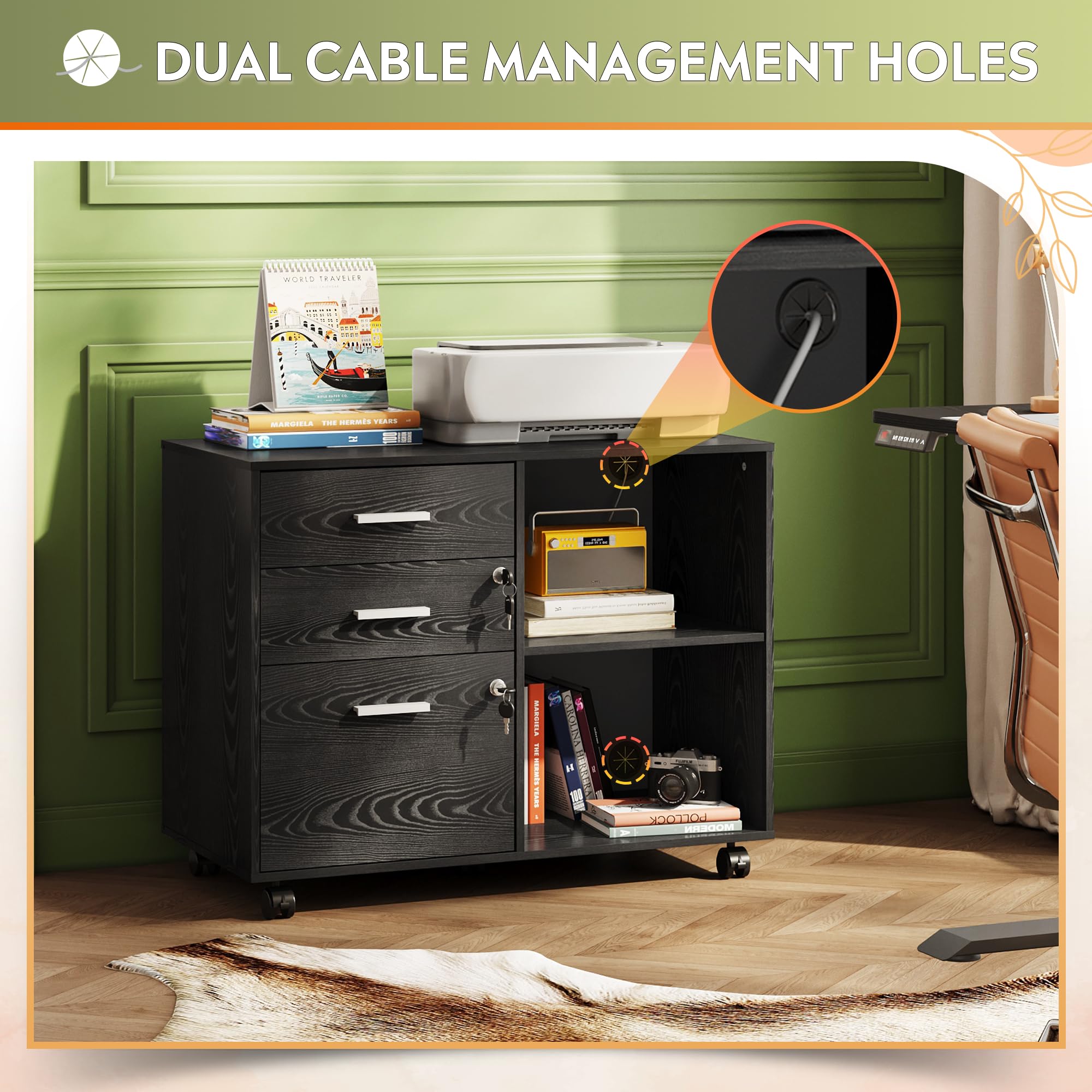 DEVAISE 3-Drawer Wood File Cabinet with Lock - Mobile Lateral Filing Cabinet & Printer Stand with Open Storage Shelves for Home Office - Black - Perfect for Organizing Documents, Office Supplies & Printer in Small Spaces
