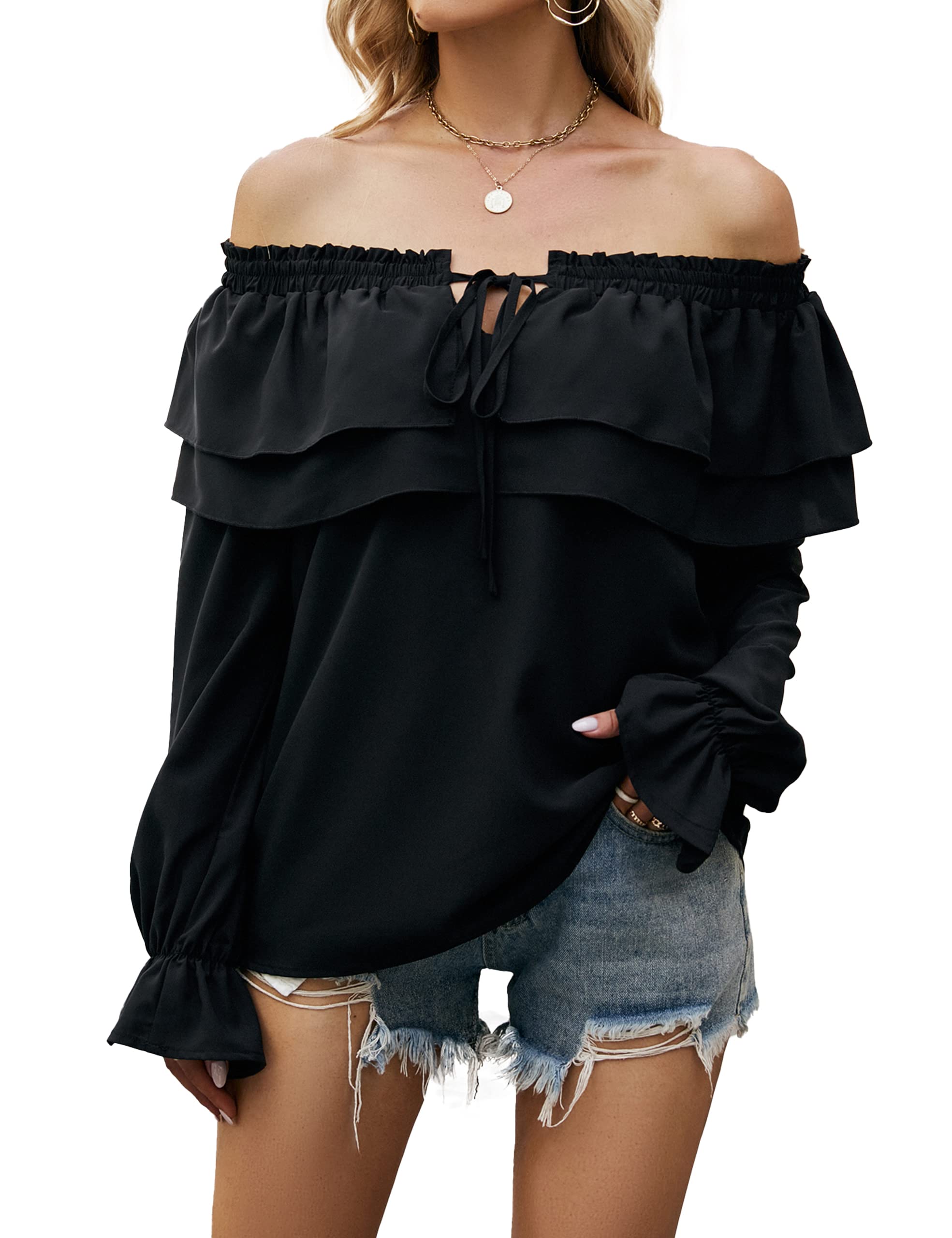 Blooming Jelly Women's Off Shoulder Tops - Flowy Ruffle Sleeve Blouses for Casual Wear | Sexy Summer Shirts 2023 | Perfect for Beach Outings, Date Nights & Vacation Outfits